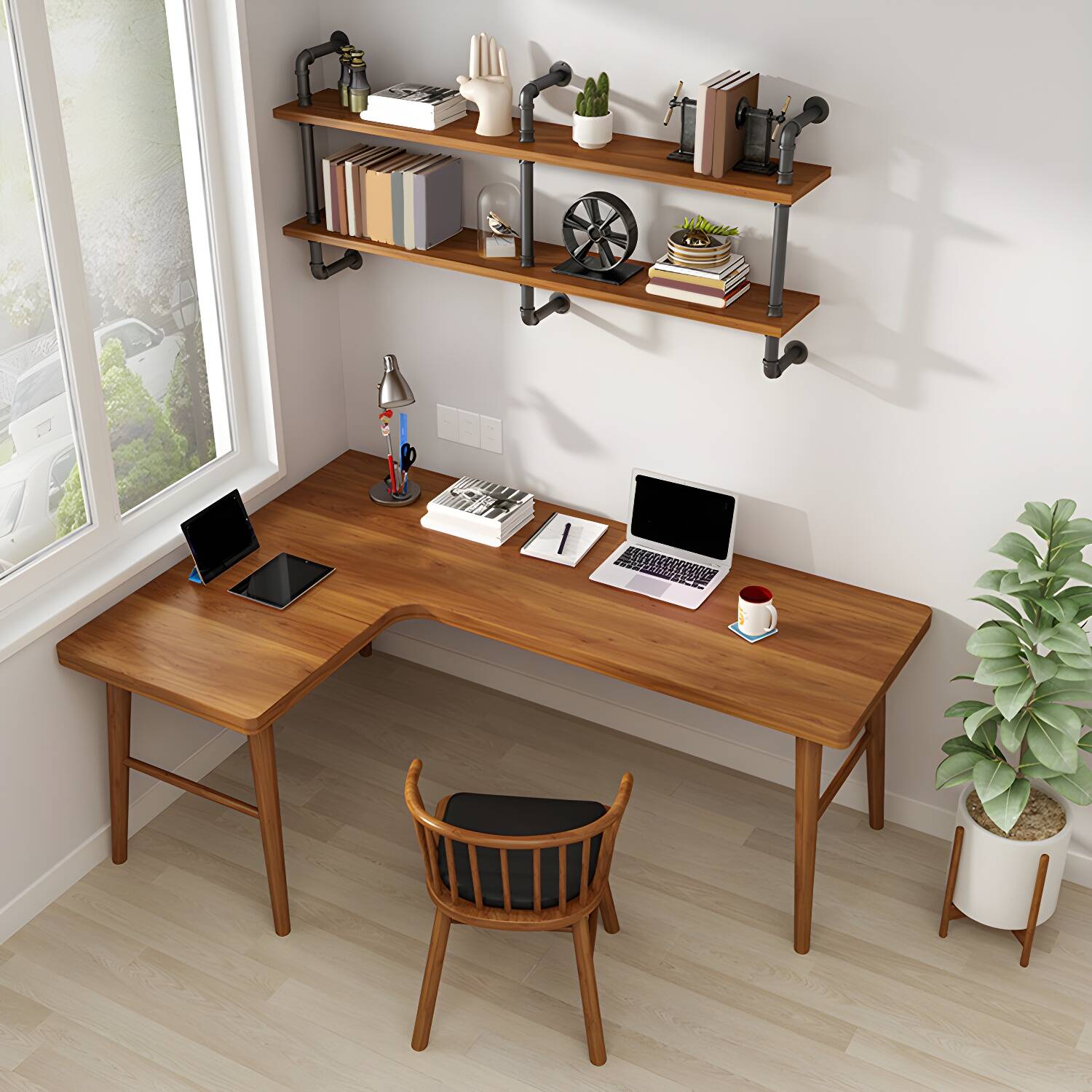 Solid Wood Corner Writing Desk Modern 29.53-inch Tall Office Desk with H-Base