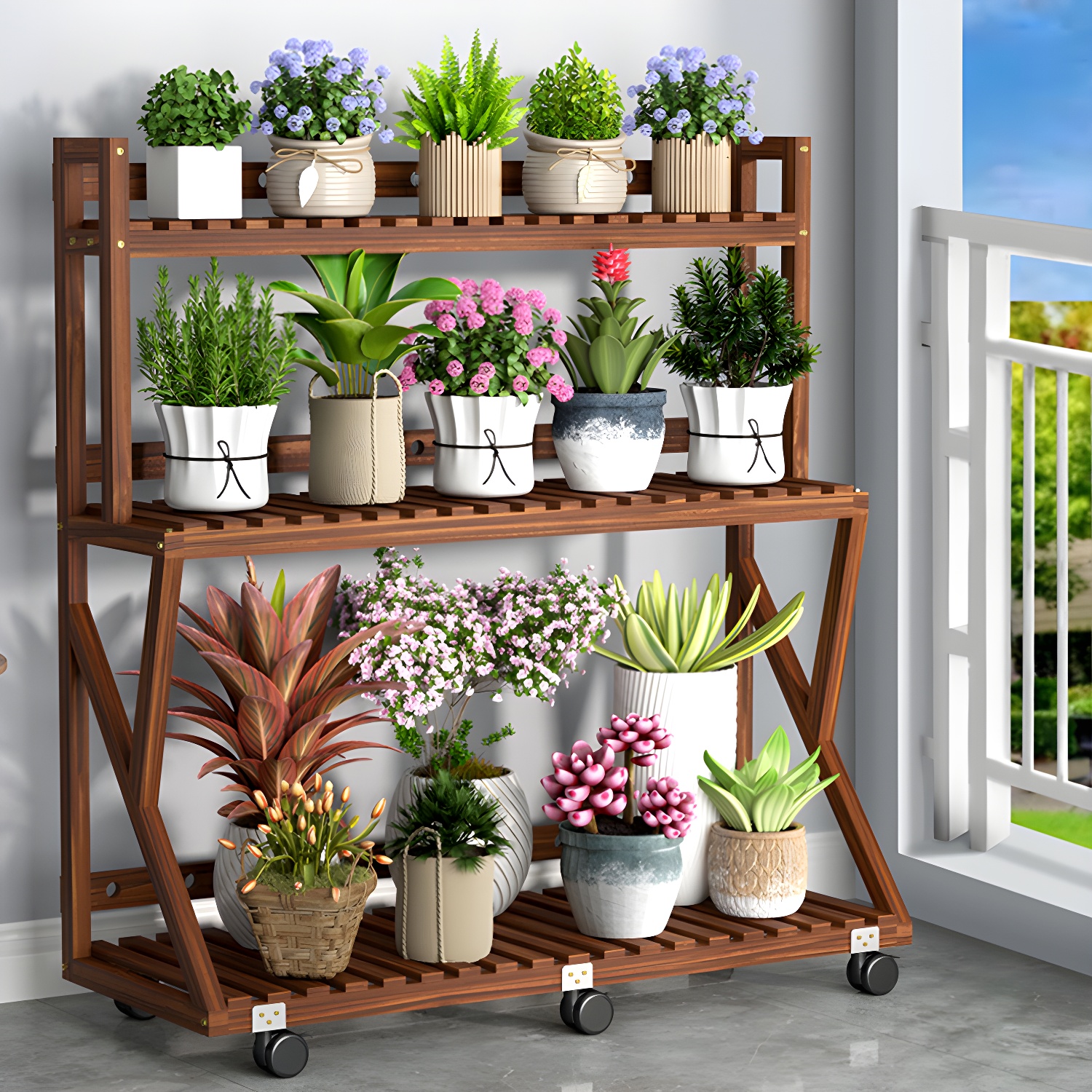 Multi-Tiered Plant Stand Rectangular Slid Plant Stand with Wheels