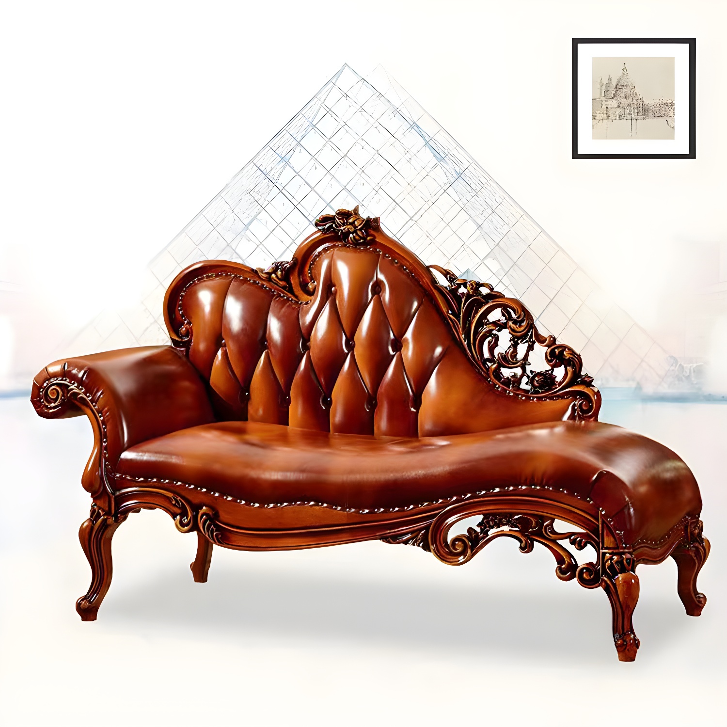 Genuine Leather Accent Chair Traditional Solid Wood Rolled Arms Chaise