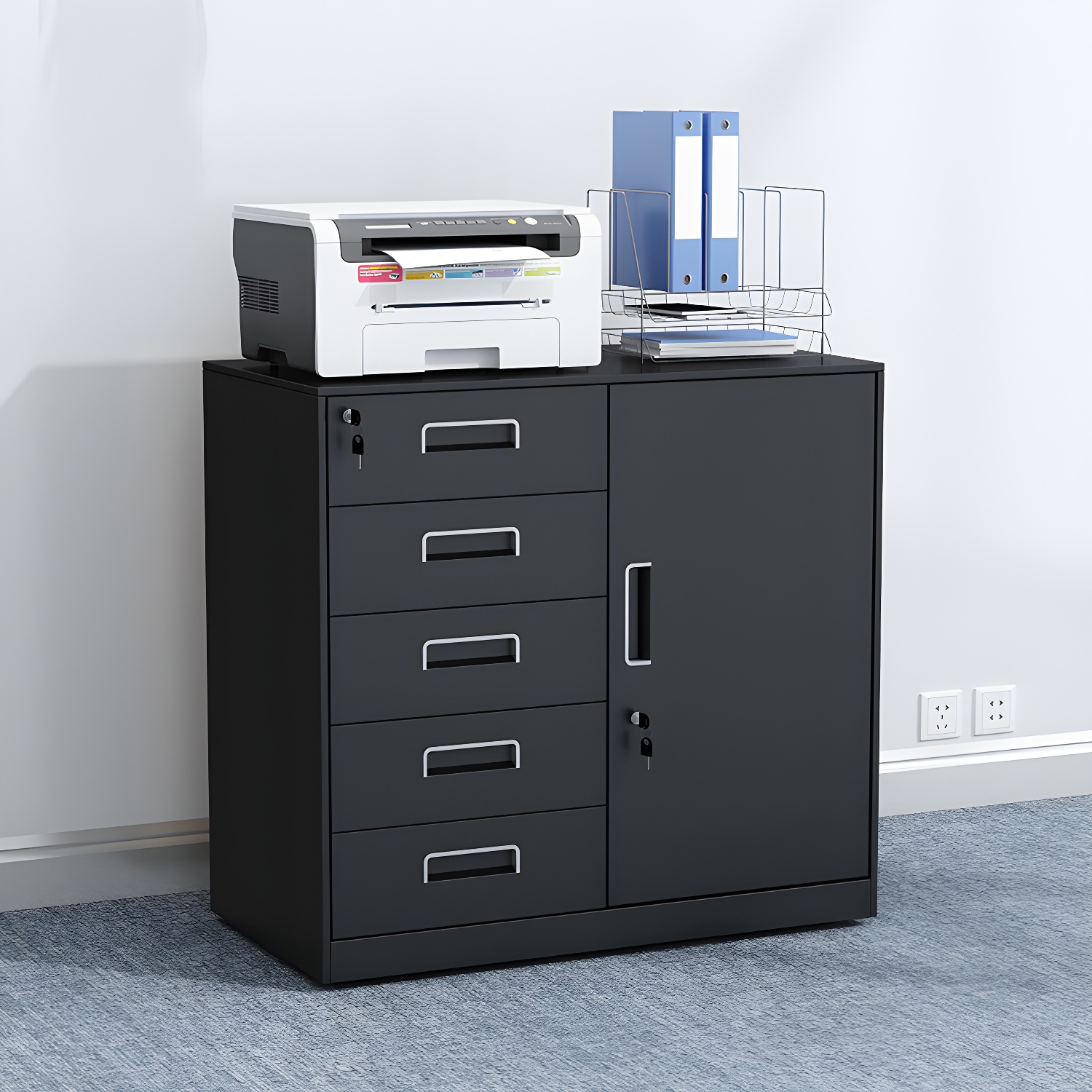 Contemporary File Cabinet Steel Frame Fire-Resistant Key Lock File Cabinet