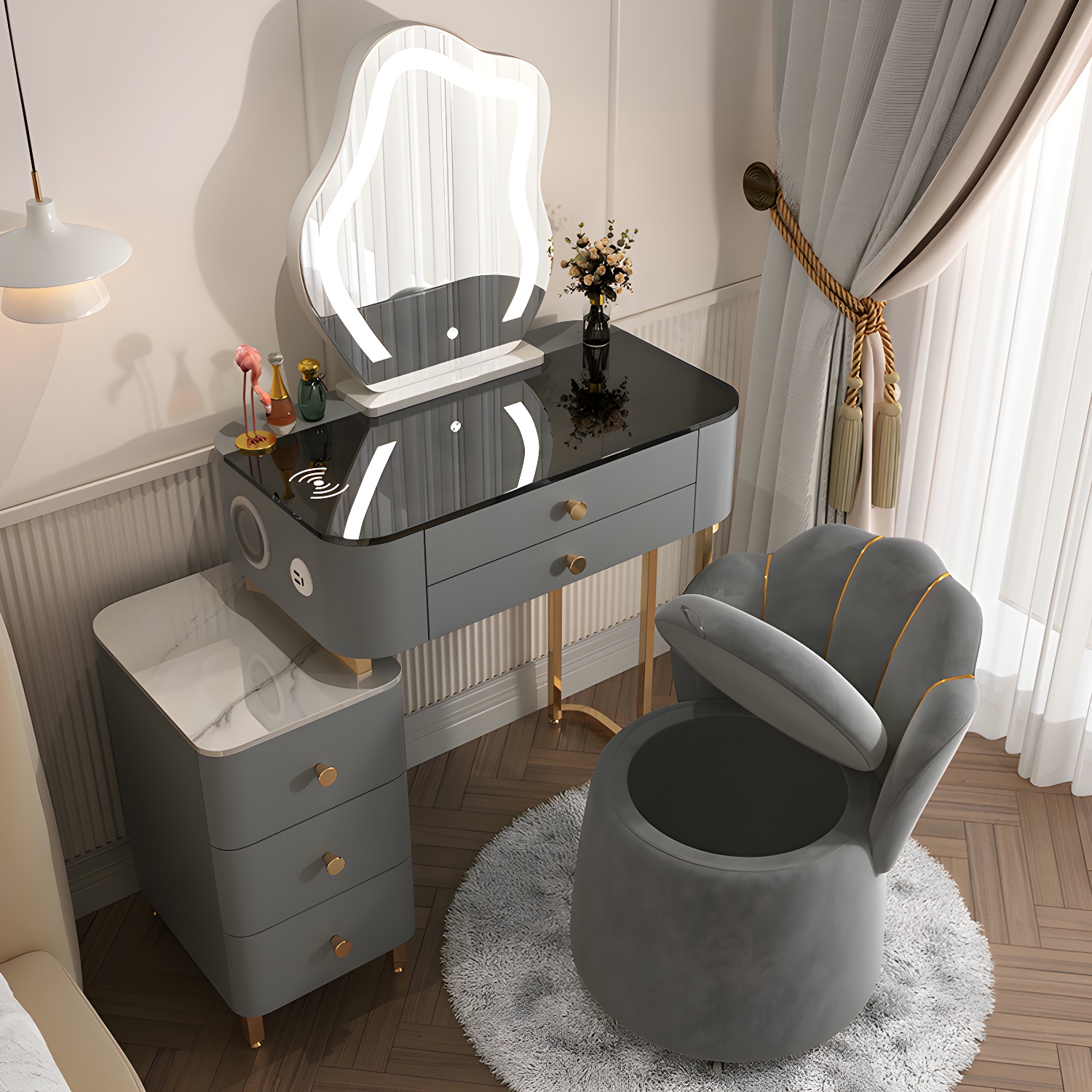 Glam Glass Bedroom Vanity Desk 5 Drawers Vanity Dressing Table