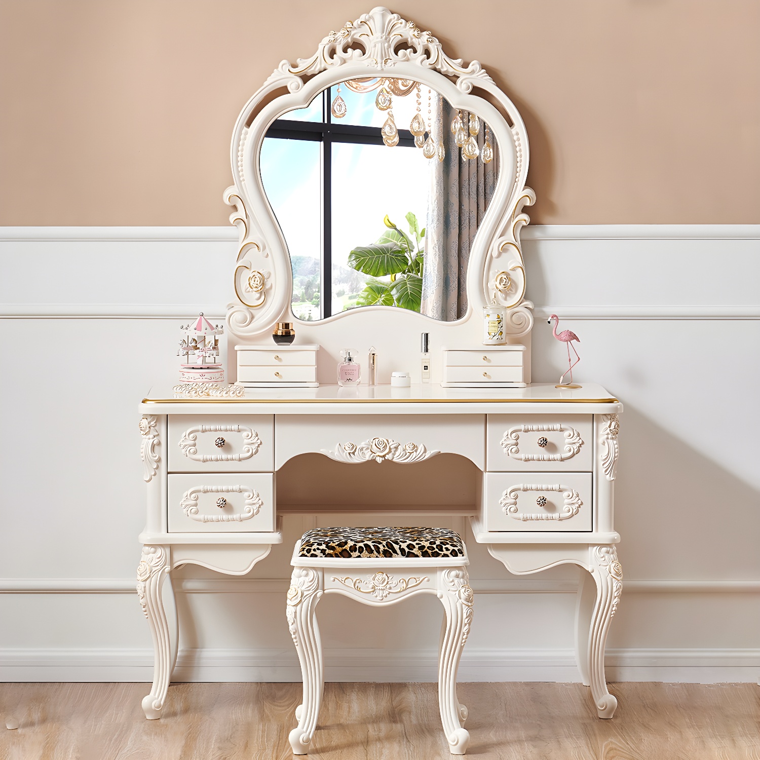 White Victorian Wood Vanity Dressing Table with Drawers Mirrored Makeup Vanity
