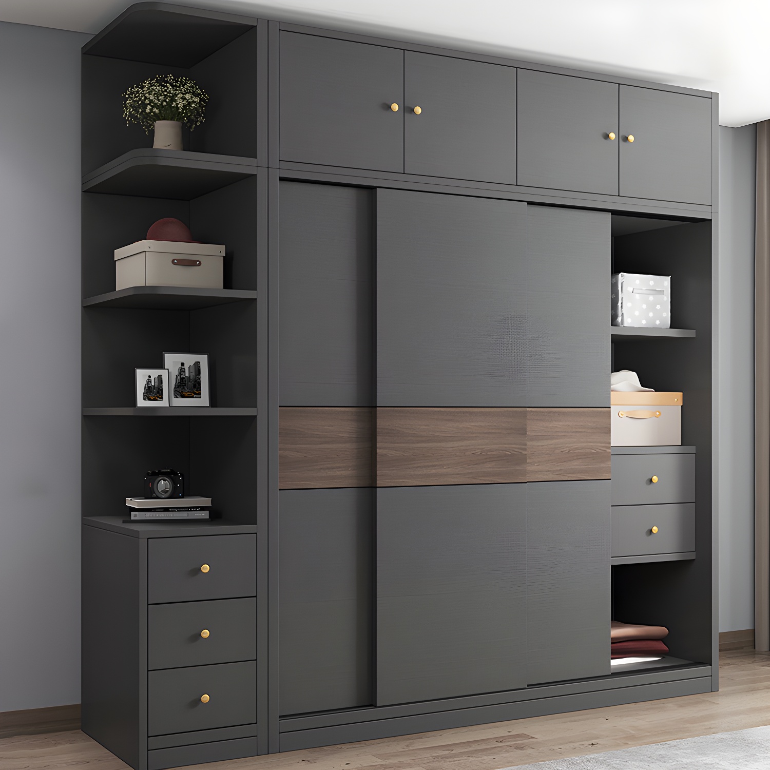 Modern Artificial Wood Wardrobe Armoire Freestanding Wardrobe in Black