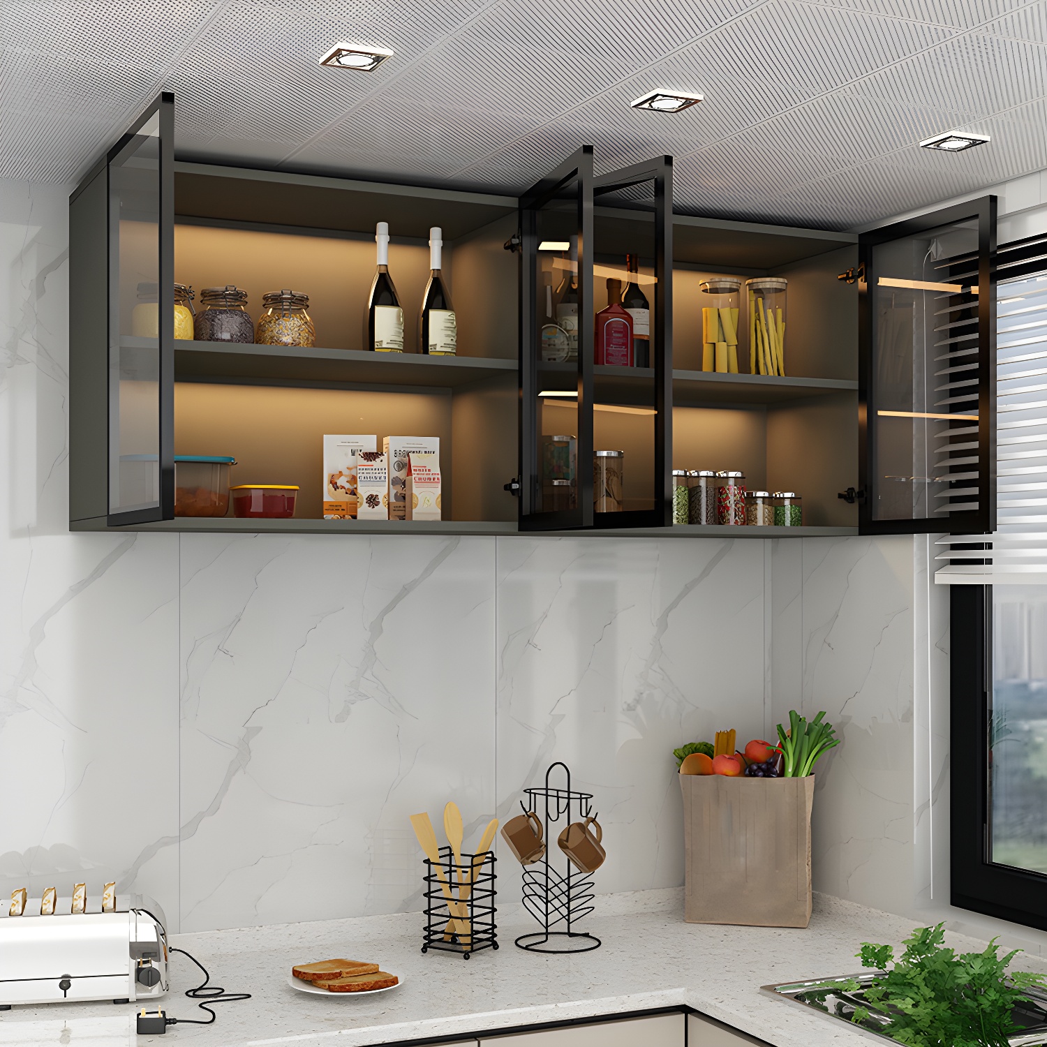 Modern Wall Mounted Display Stand Faux Wood Storage Cabinet for Dining Room