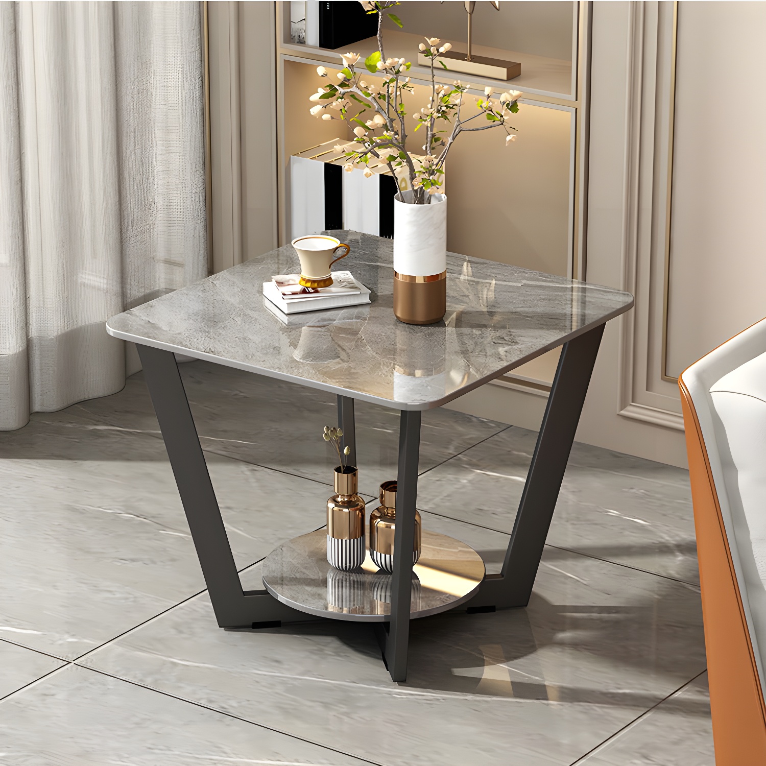 Modernistic Square Storage End Table 19.7" Tall Cross Legs Side Table