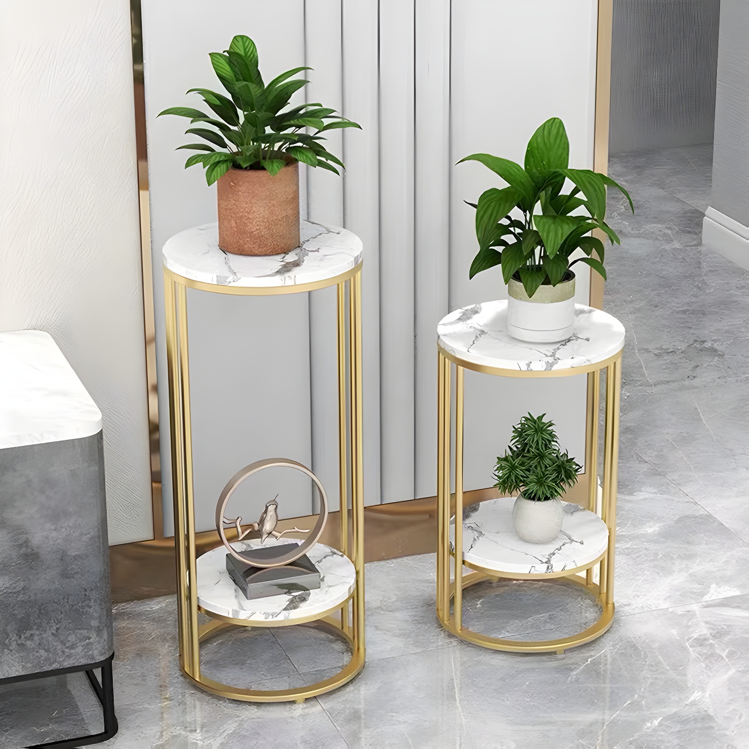 Round Multi-Tiered Plant Table Marble Plant Table with Pedestal