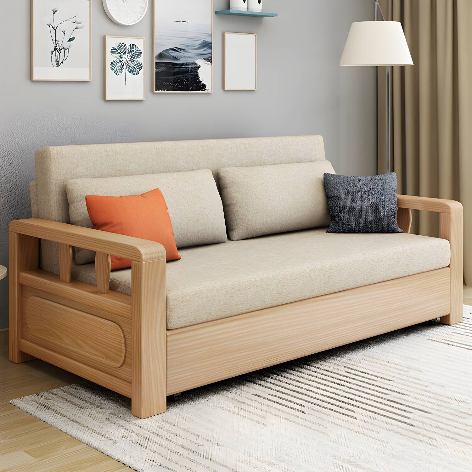 Solid Wood Futon Sleeper Sofa Scandinavian Square Armed Sofa Bed