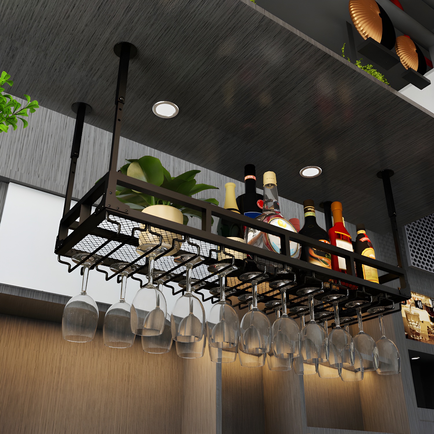 Metal Hanging Kitchen Wine Holder with Glass Holder & Storage Shelf