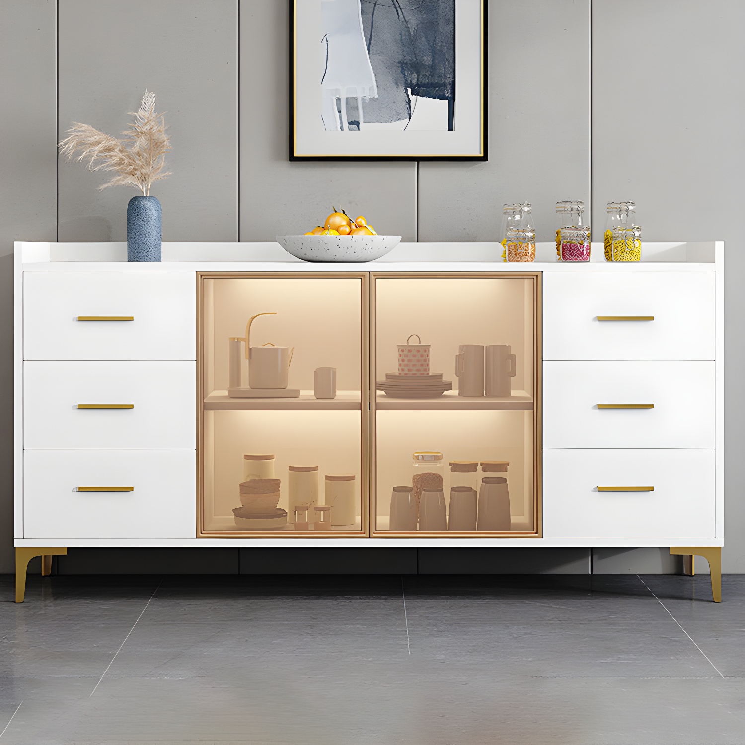 Wood Glass Doors Contemporary Style Buffet Sideboard with Cabinets and Drawers