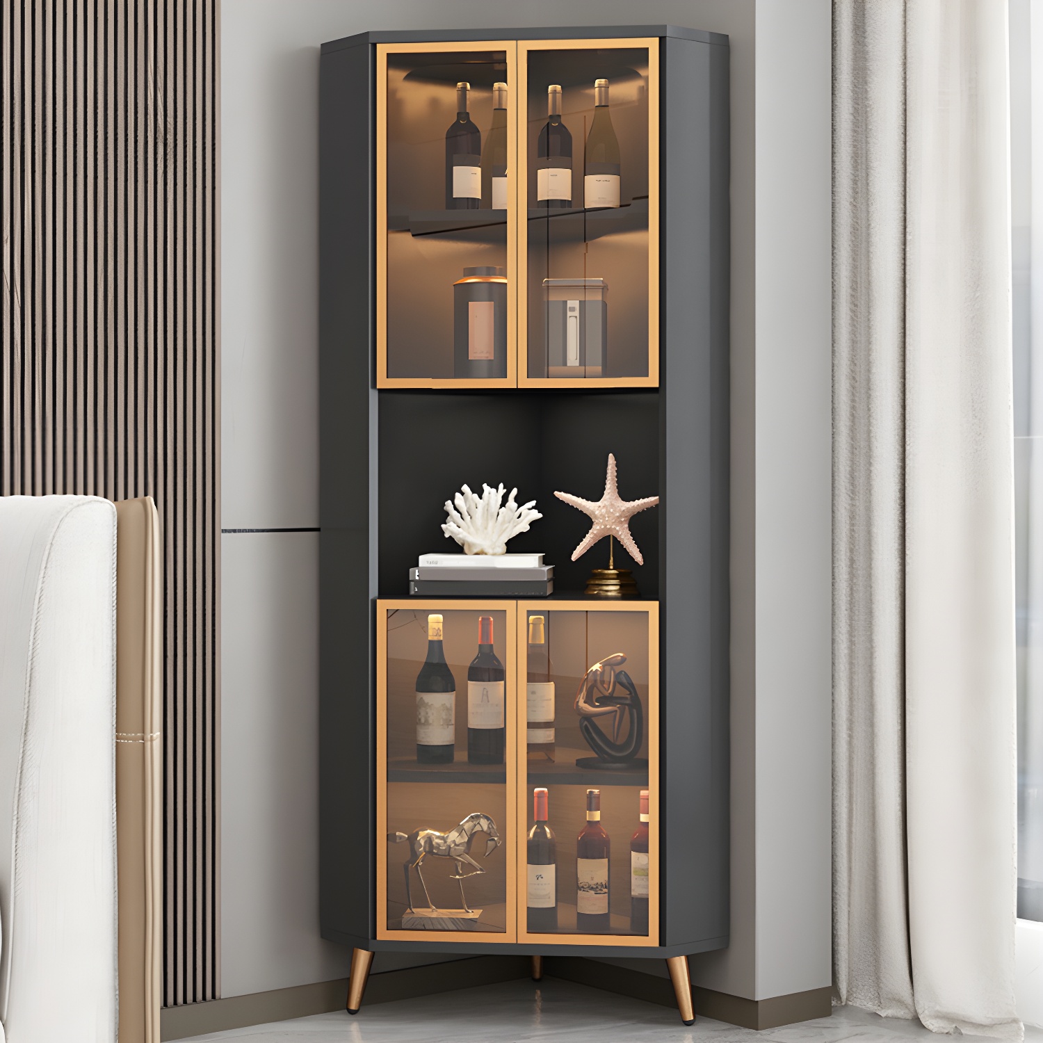 Wood Buffet and Hutch Modern Corner Unit Curio Cabinet with Reserve Installation Holes