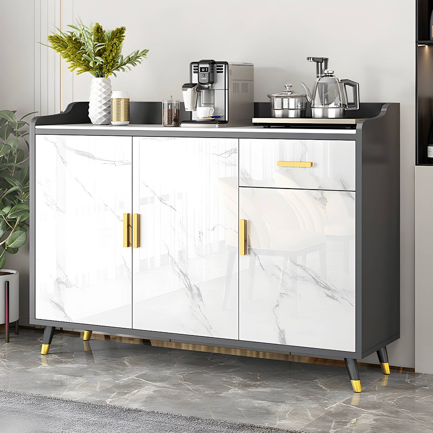 Modern Stone Top Shelves Included Sideboard with White & Grey Manufactured Wood Door