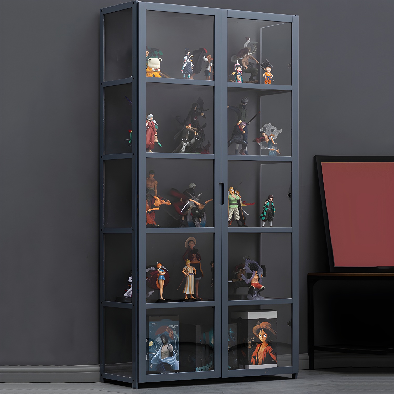 Contemporary Acrylic Doors Bamboo Multi-shelf Display Cabinet in Grey