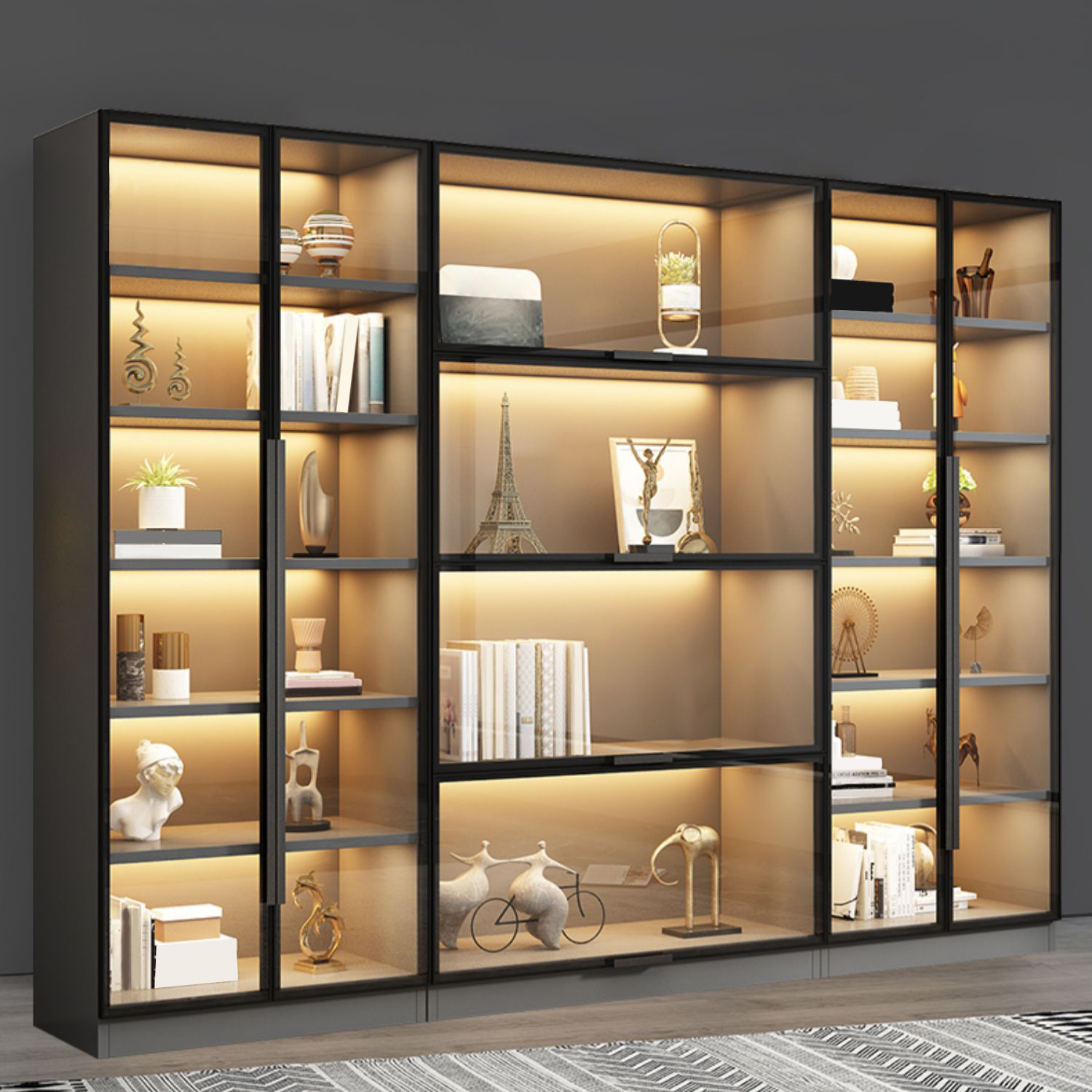 Modern Living Room Glass Door Wooden Storage Cabinet without Light