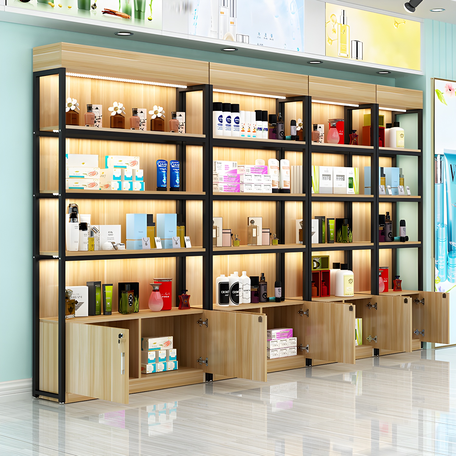 Modern Living Room Display Stand Wooden Multi-shelf in Natural