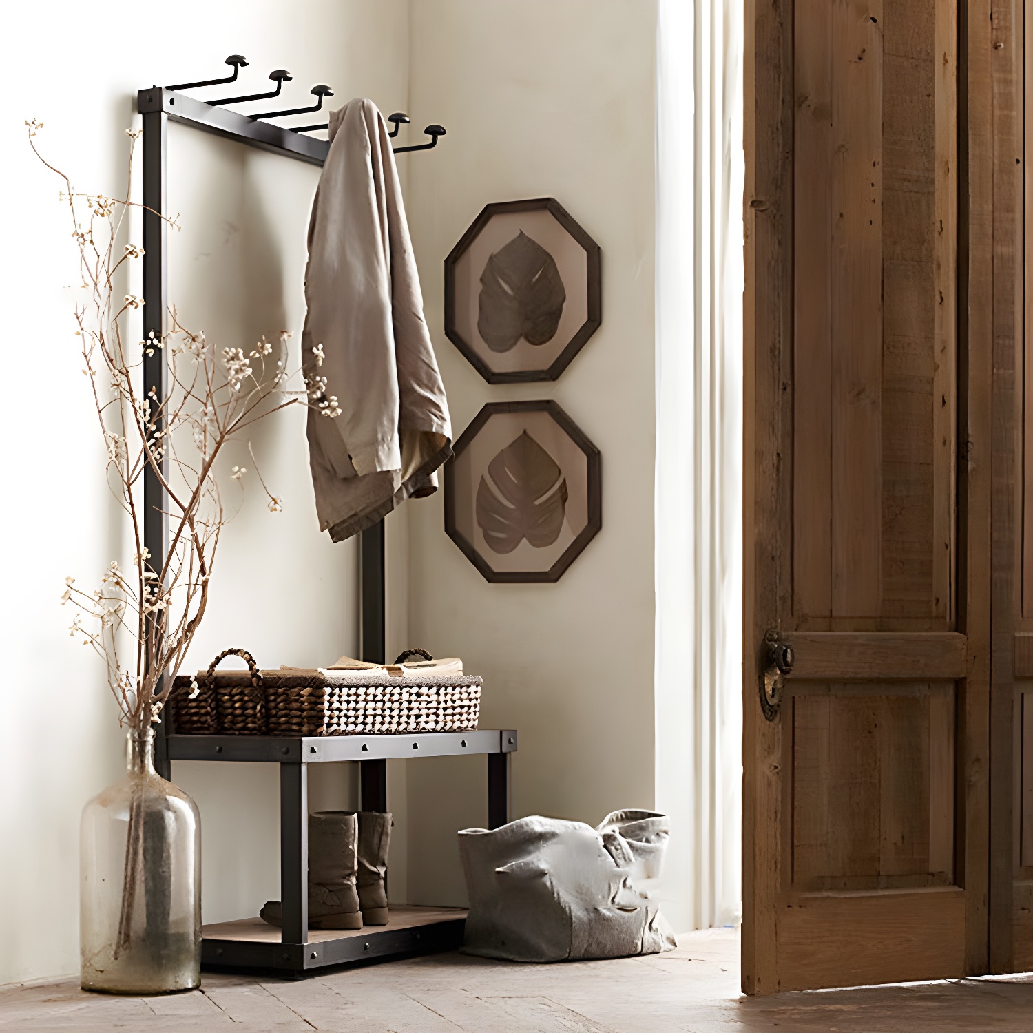 Black Entryway Kit Metal Wood Hall Tree with Storage Shelving