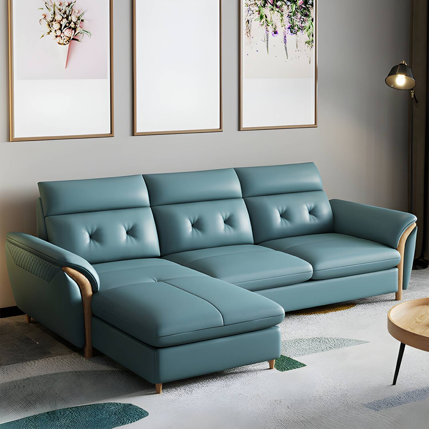 Scandinavian Blue Genuine Leather Wood Frame Upholstered Sofa with Flared Arms