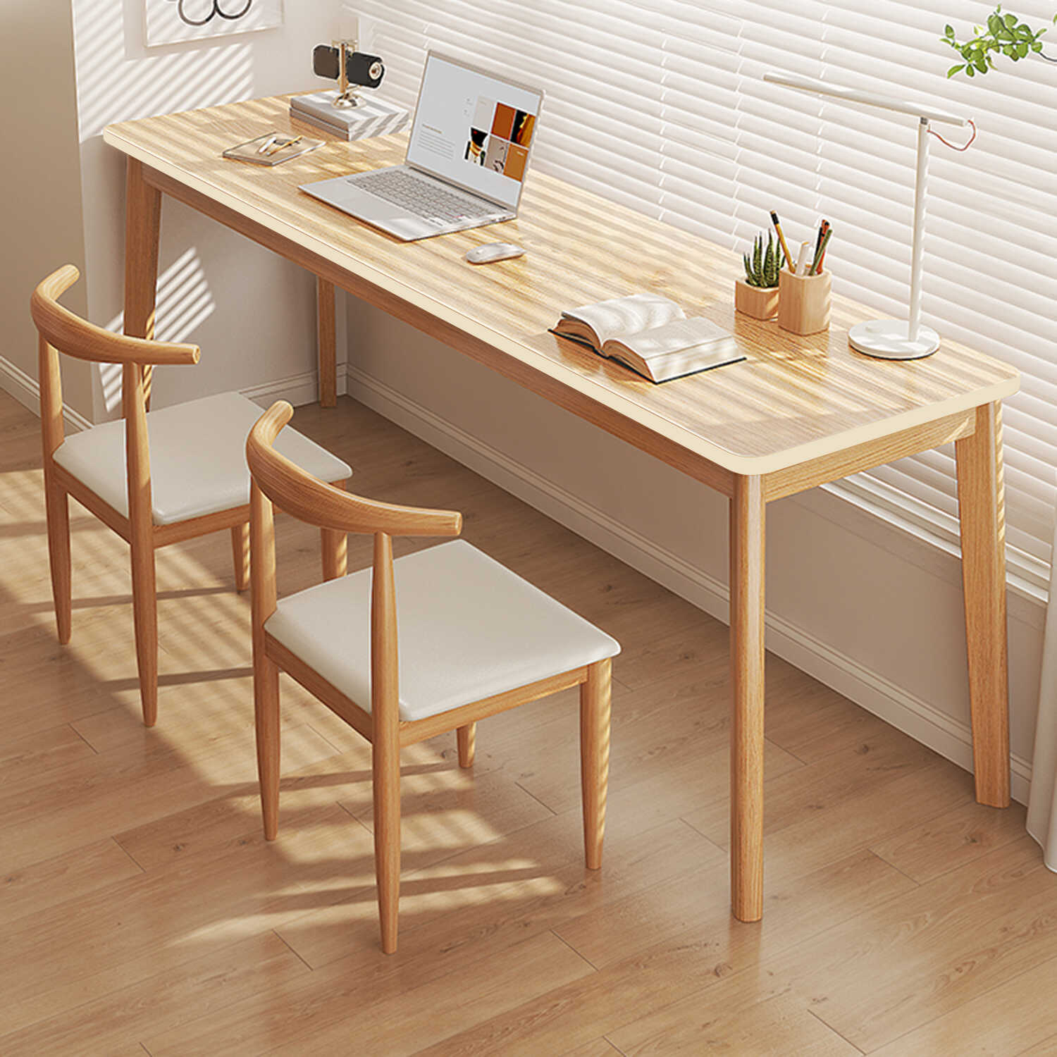 Modern Solid Wood Rectangular Office Desk with 4 Bold Solid Wood Frame Legs