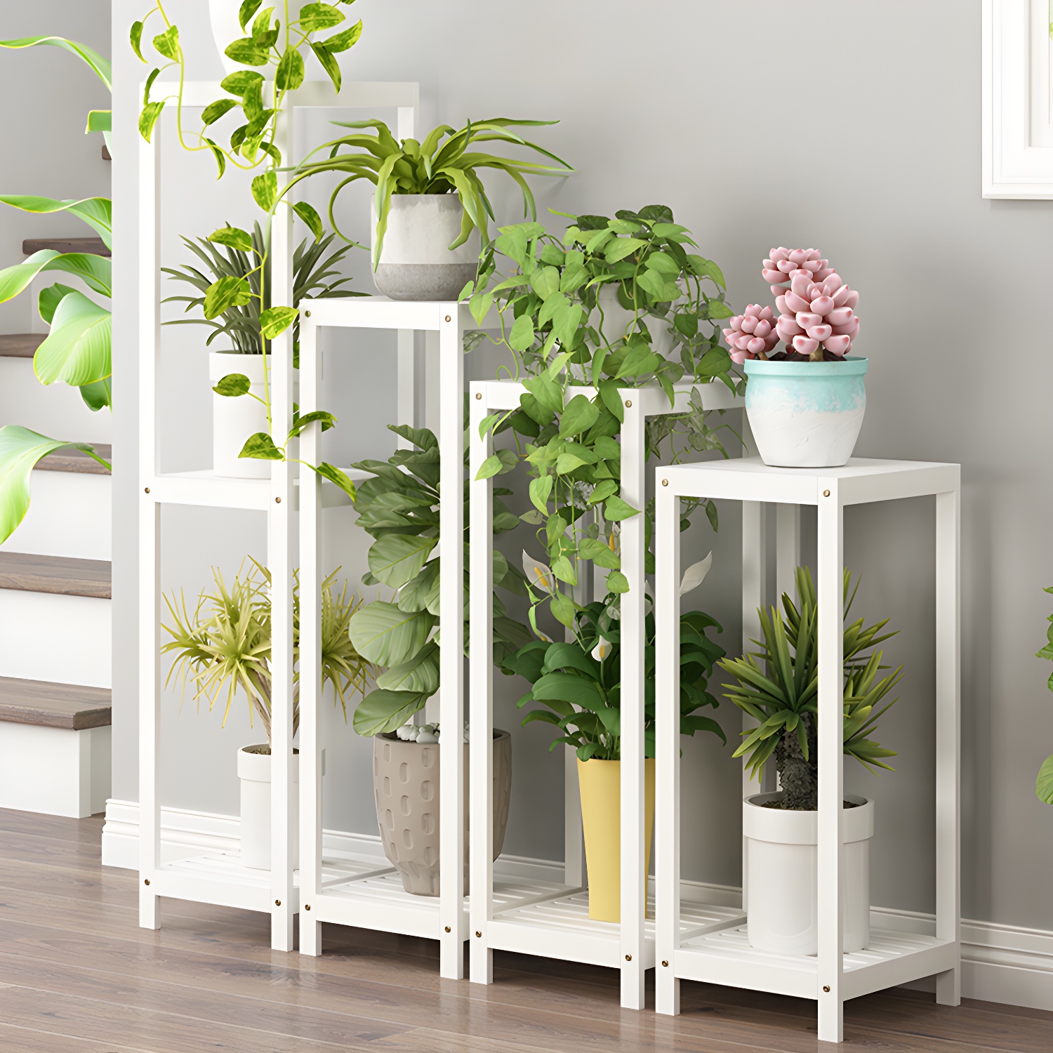 Modern Solid Wood Plant Stand Indoor in Brown/ White with Straight Legs