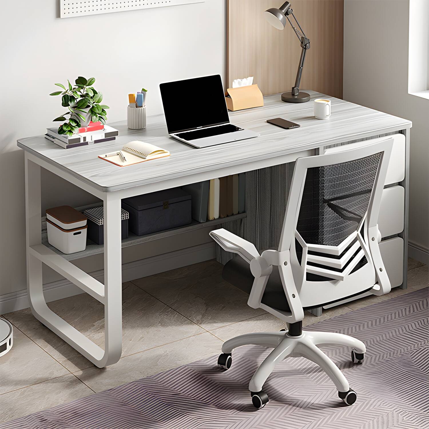 Contemporary Wood in White Writing Desk Shape in Rectangular with 3 Drawers