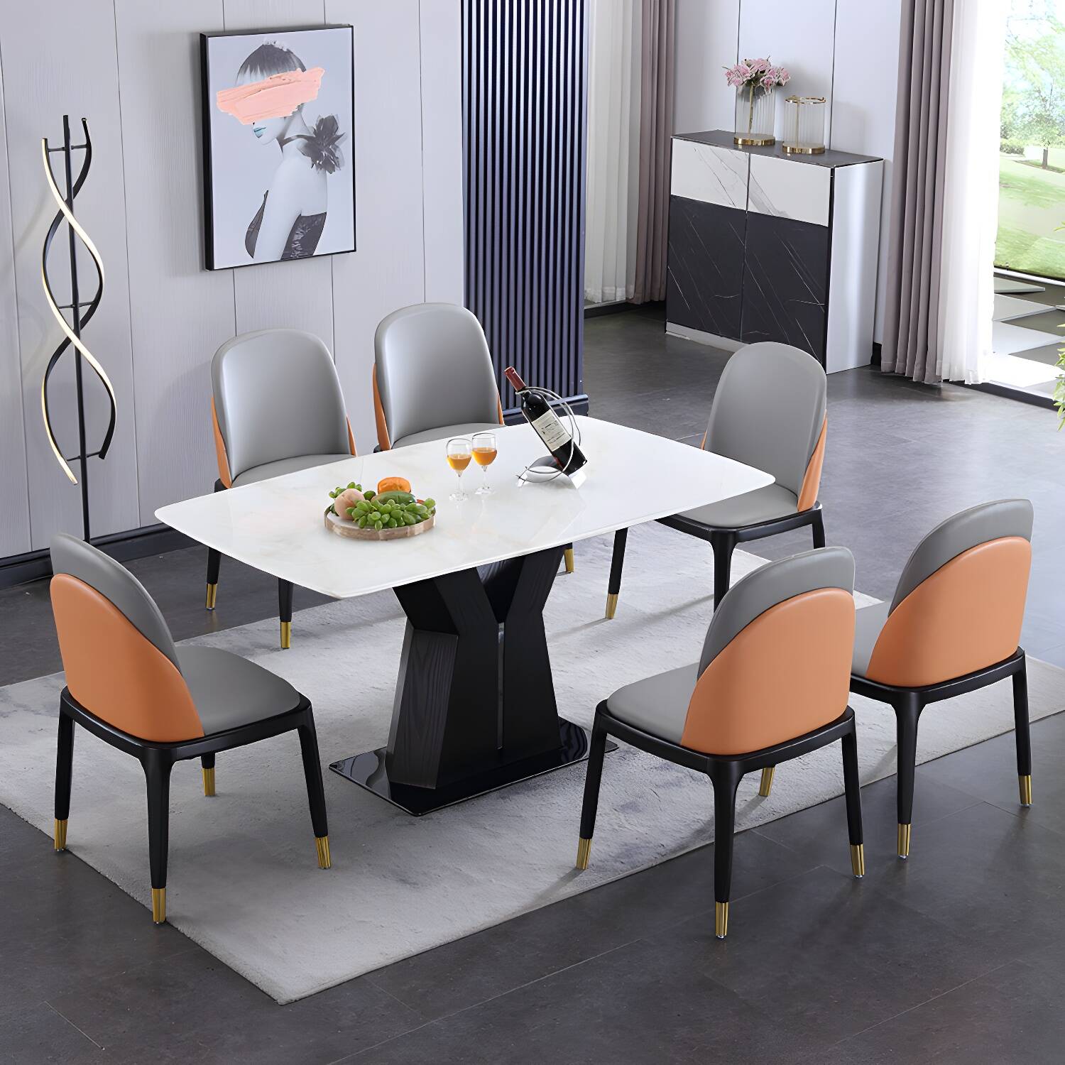 Modern Rectangular Marble Top Dining Table with Black Ash Pedestal