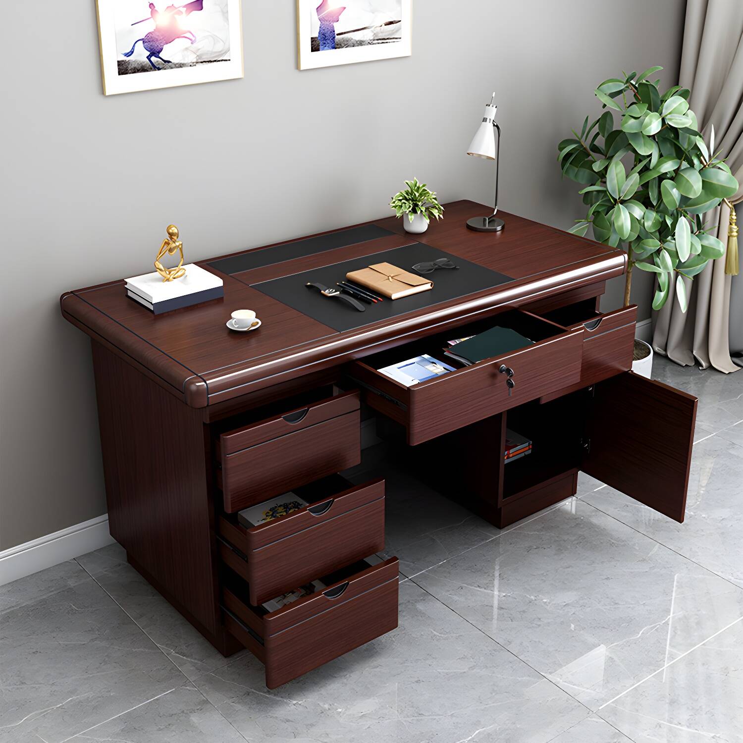 Traditional Writing Desk Shape in Rectangular with Locking Drawers and Hutch
