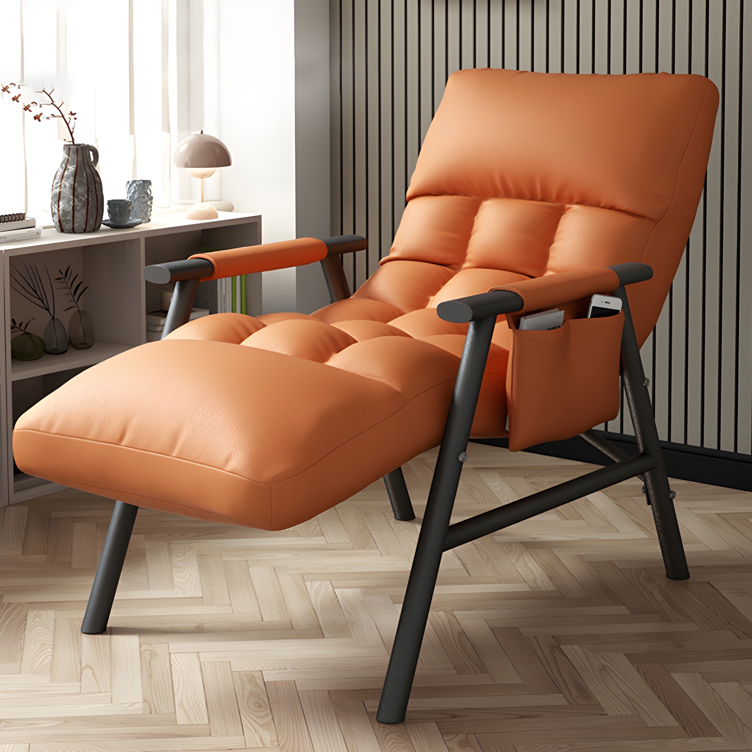 Contemporary Metal Single Standard Recliner with Storage Side Bag