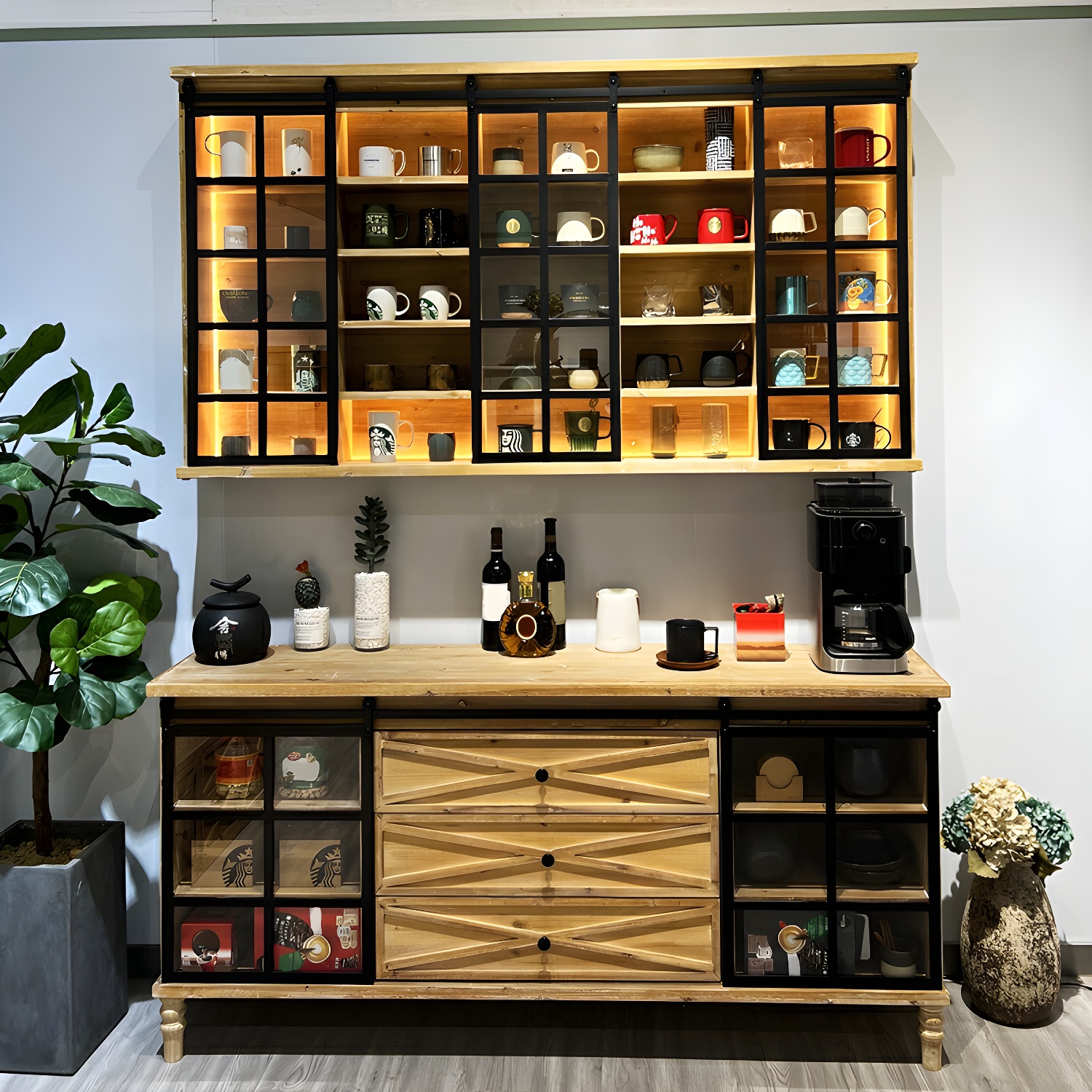 Modern Solid Wood Wall Mounted Display Cabinet with Glass Door in Natural