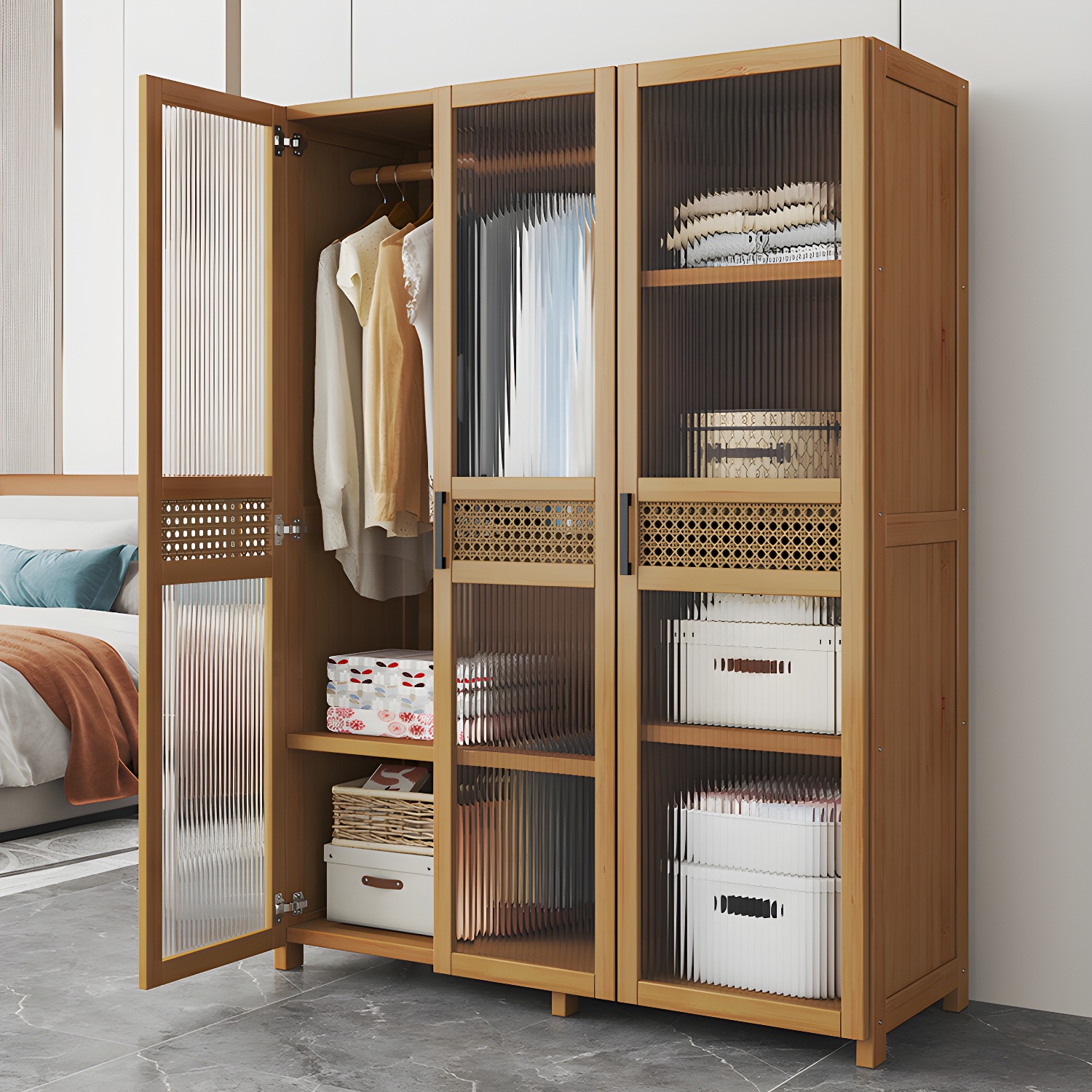 Scandinavian Wooden Wardrobe Armoire with Soft Close Doors and Shelves