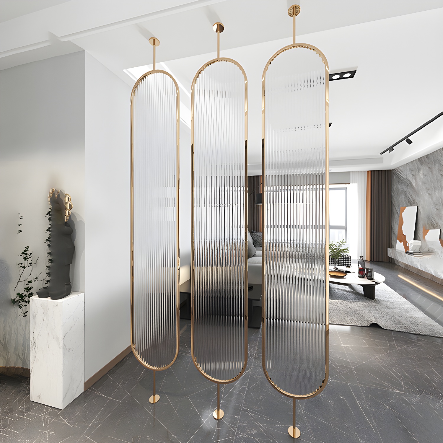 Contemporary Golden Room Divider Screen with Glass Screen in Oval