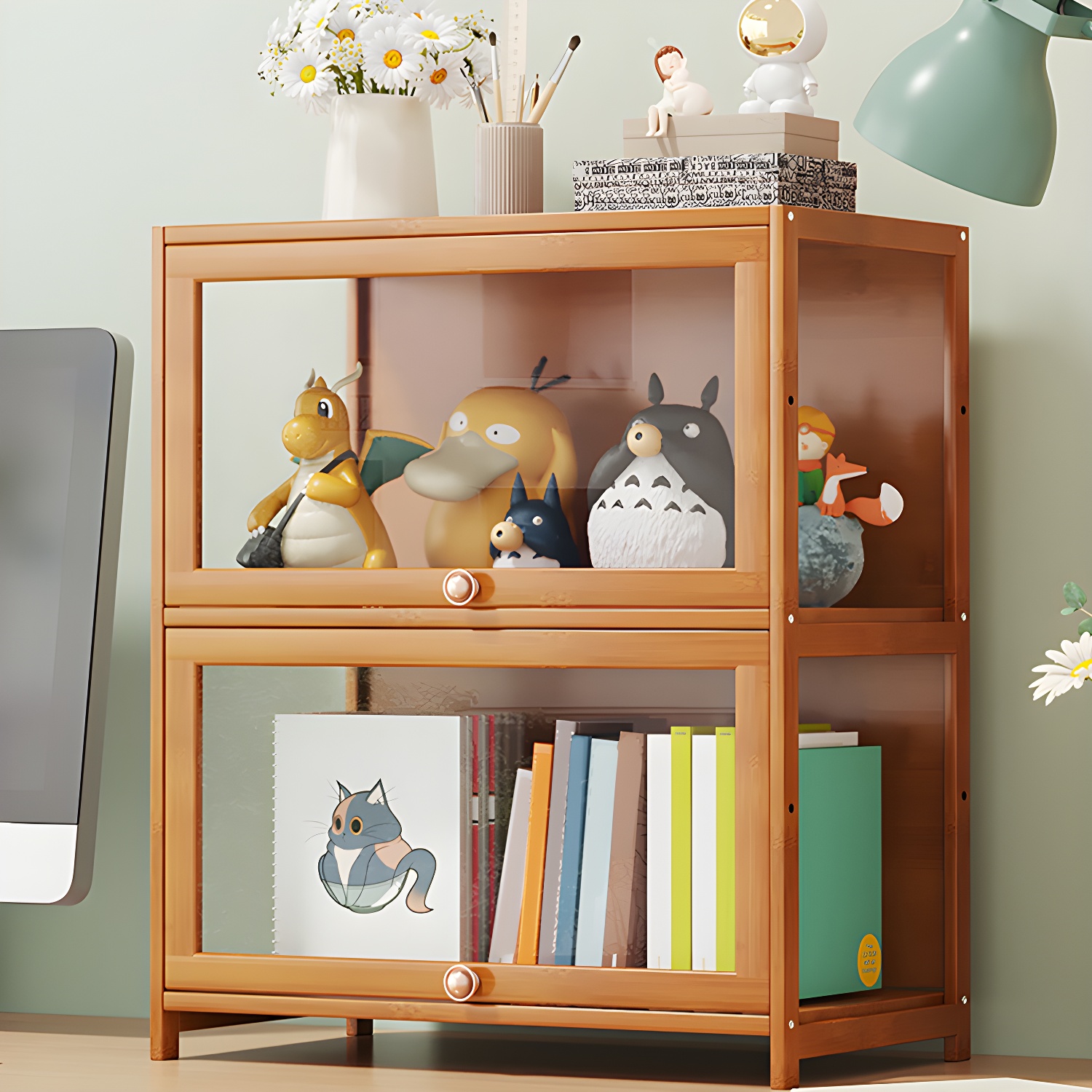 Acrylic Door Contemporary Bamboo Display Cabinet in Brown for Living Room