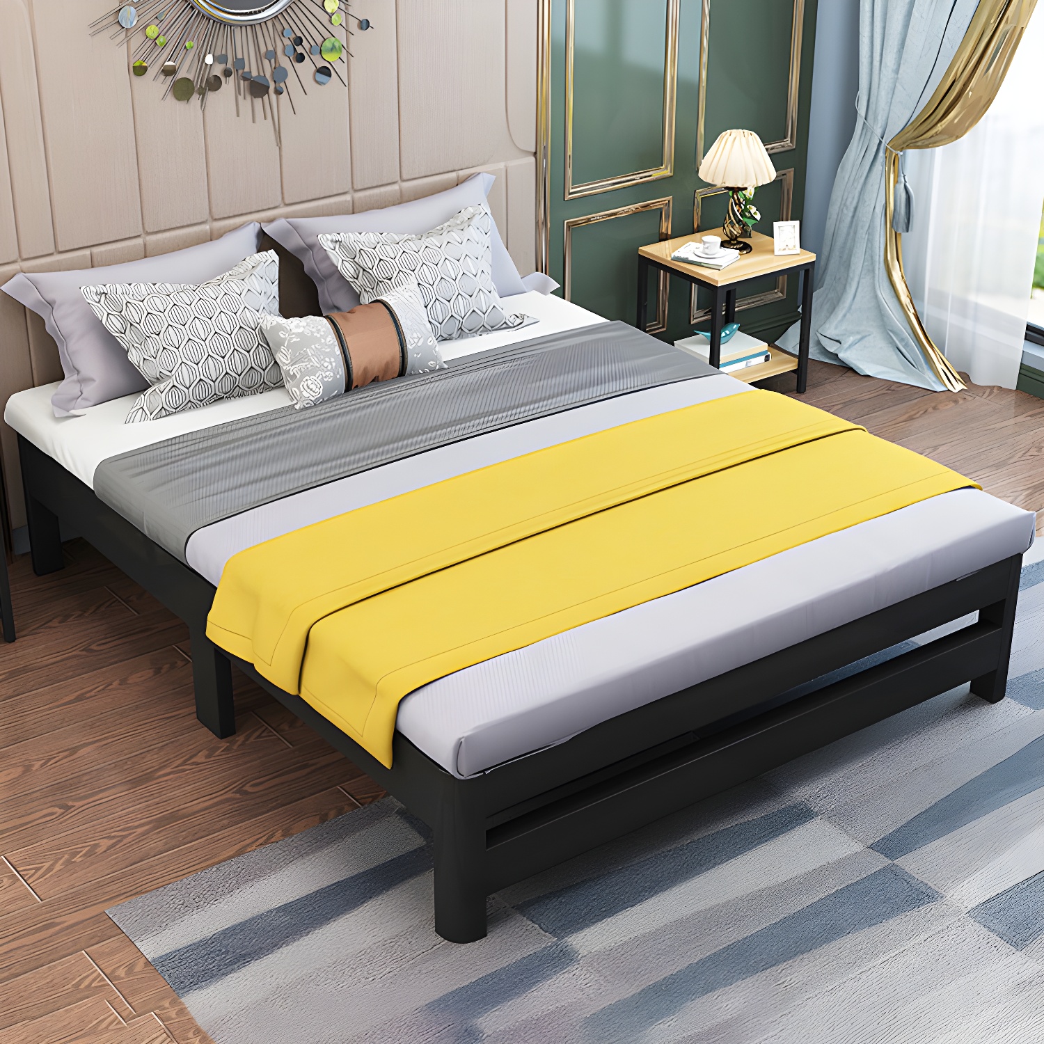 Contemporary Solid Colour Metal Bed without Headboard with Legs