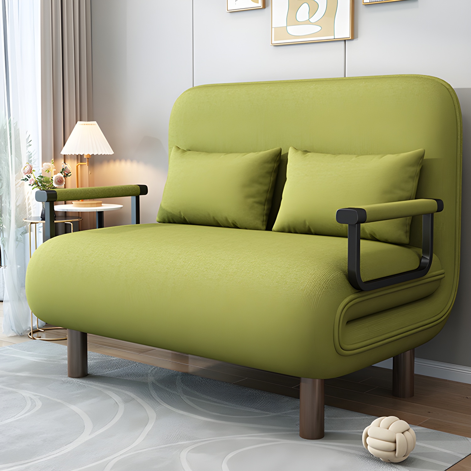 Contemporary Square Arms Sofa Bed with Solid Wood Legs and Pillows