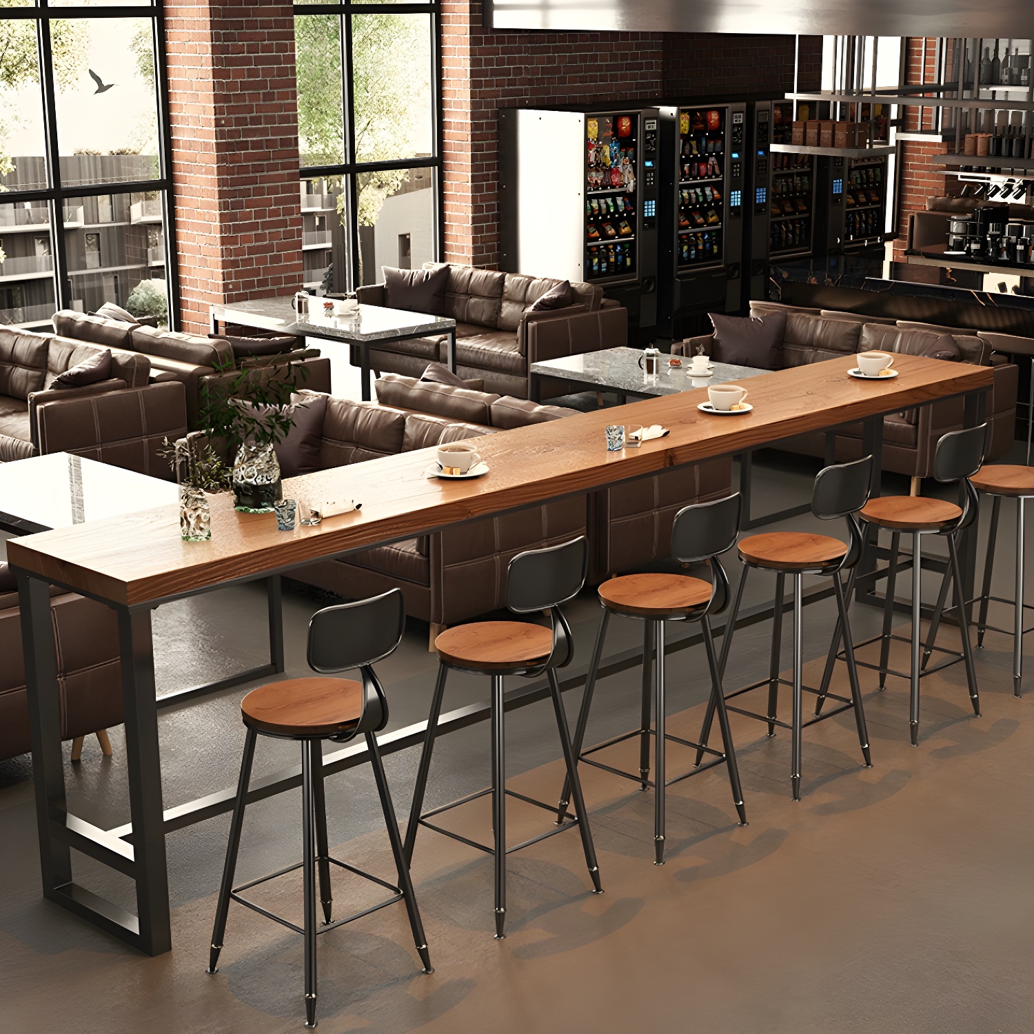 Modern Rectangle Pine Solid Wood Top Footrest Bar Table with Black Steel Trestle Base