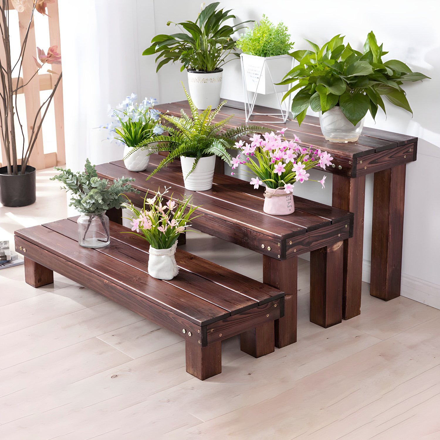 Rectangular Solid Wood Plant Stand in Brown for Indoor/Outdoor Use