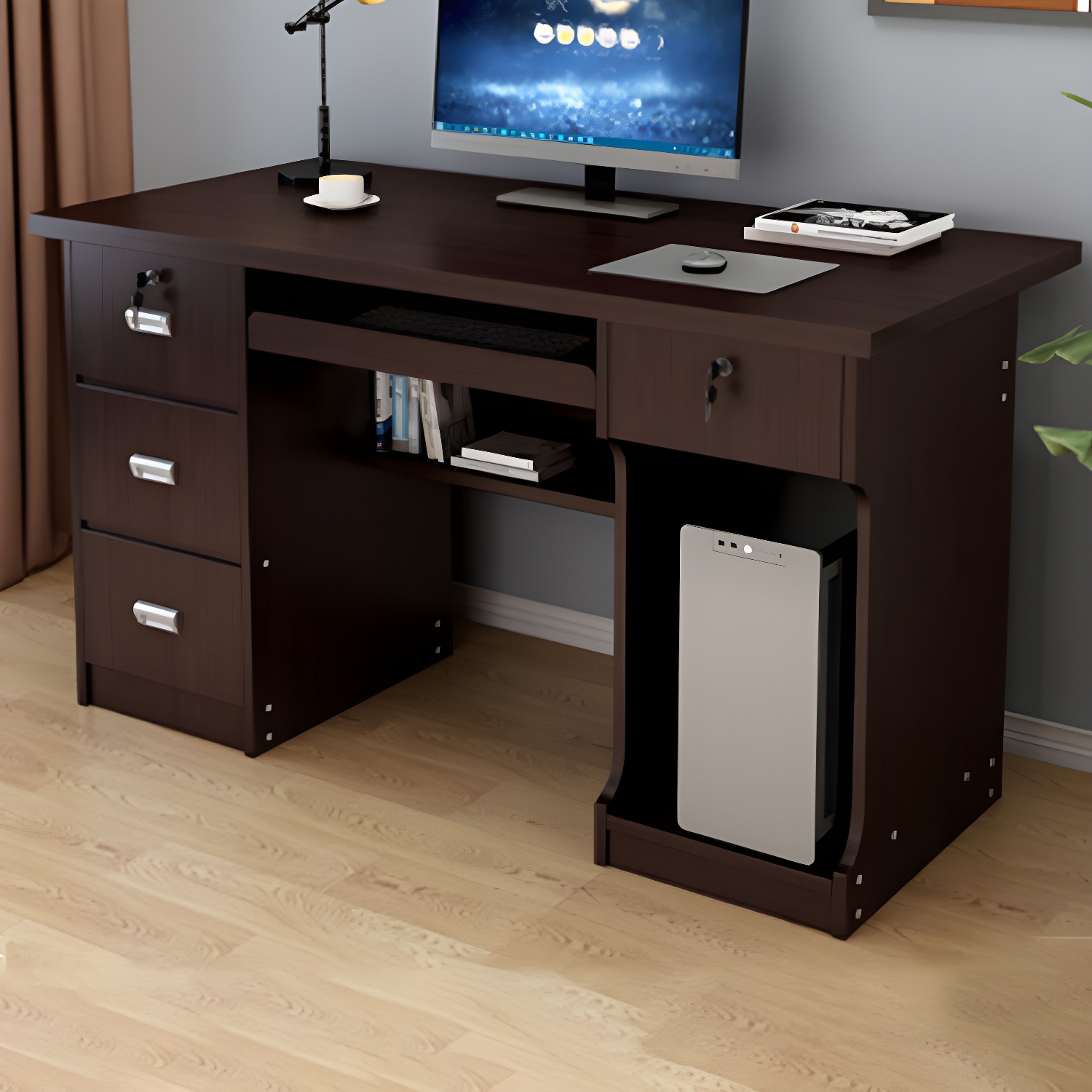 Modern Wooden Computer Desk Shape in Rectangular with Drawers and Keyboard Tray for Office