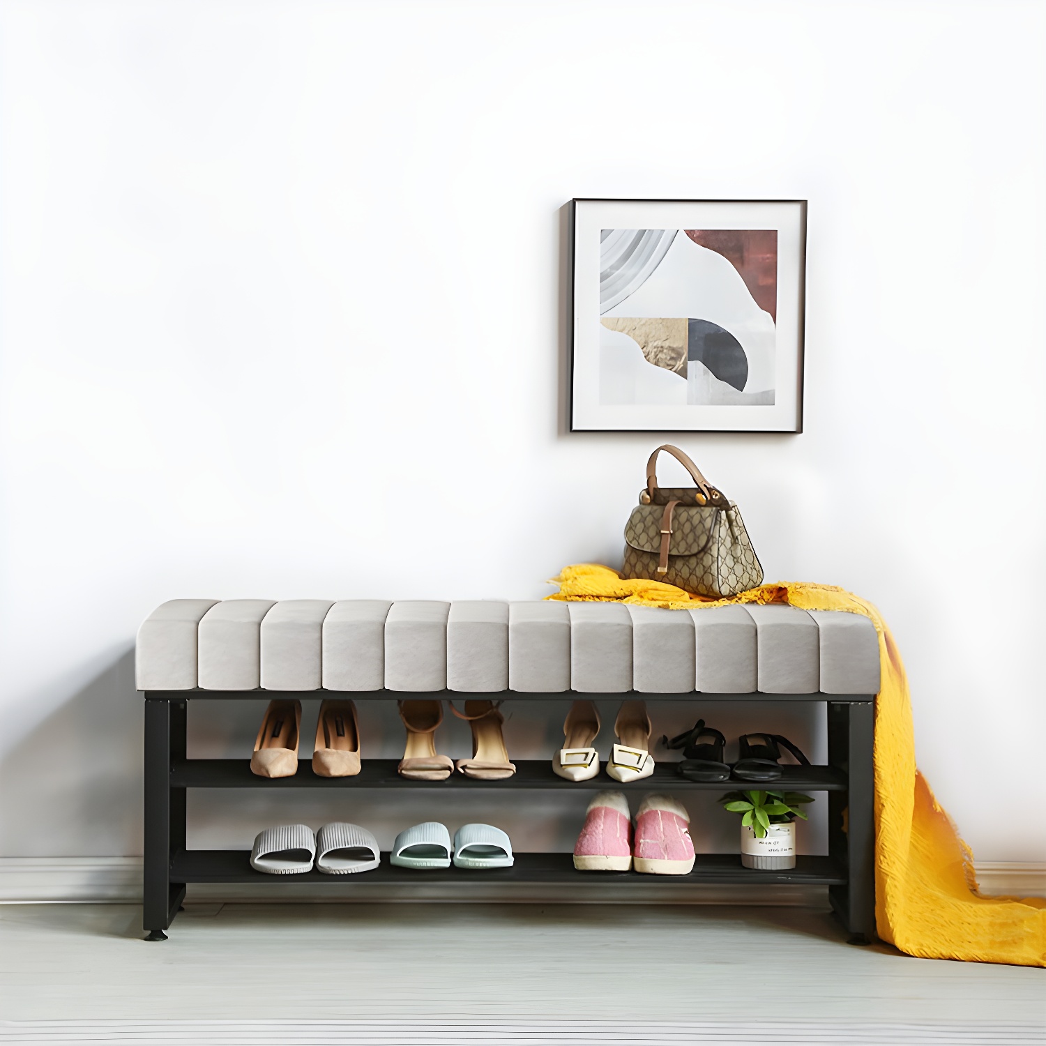 Grey Storage Upholstered Entryway Bench with Black Metal Legs