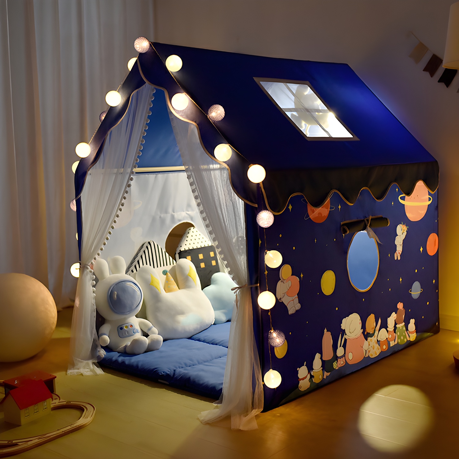 Fabric Play Tent with Windows Skylights and Lights in Blue/Pink