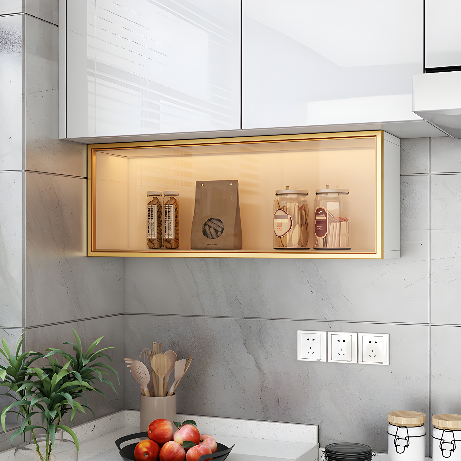 Modern Faux Wood Wall Mounted Display Cabinet with Glass Door