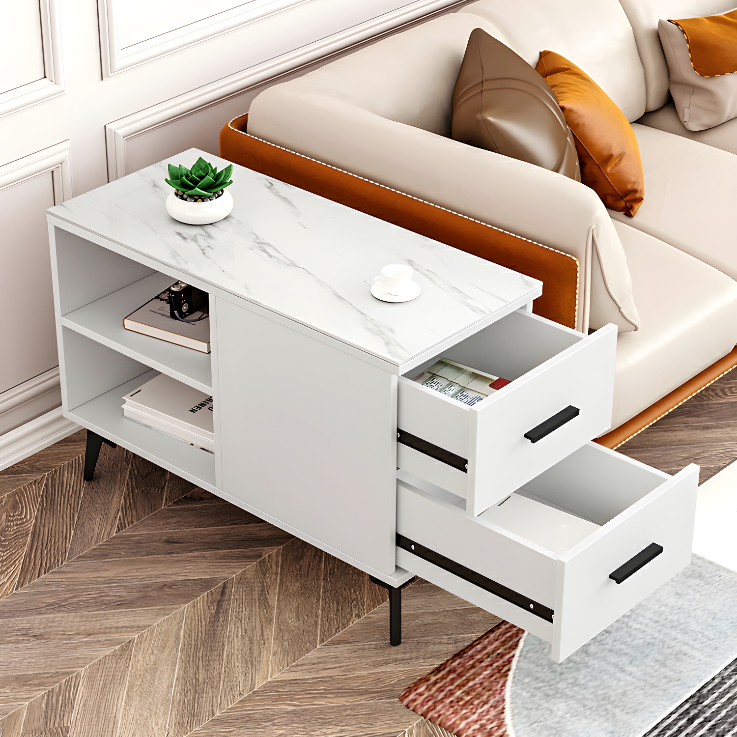 Scandinavian Rectangular Stone End Table with Black Iron Base, Drawers & Storage Included