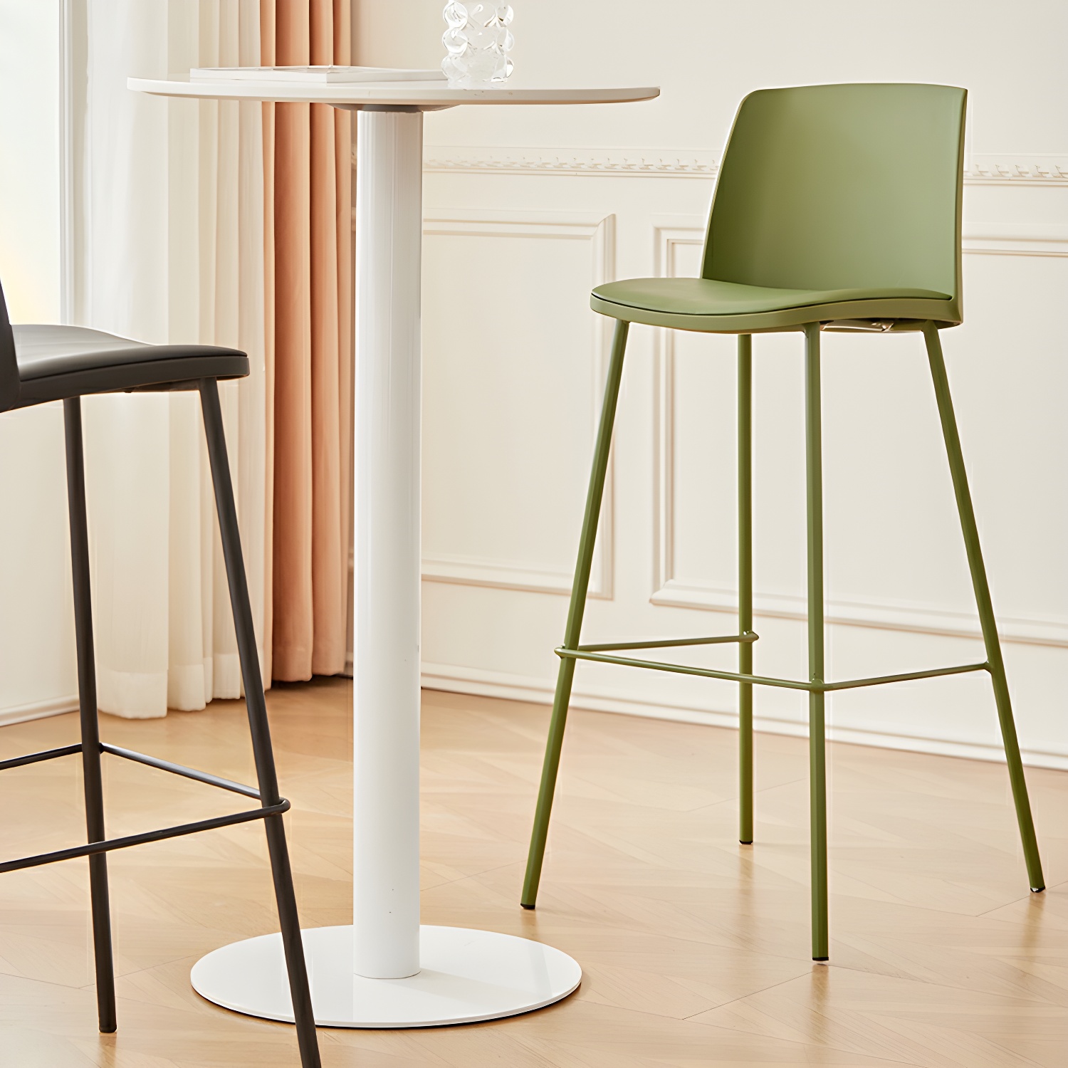 Modern Leather Contoured Seat Bar Stool with Footrest and Metal Frame