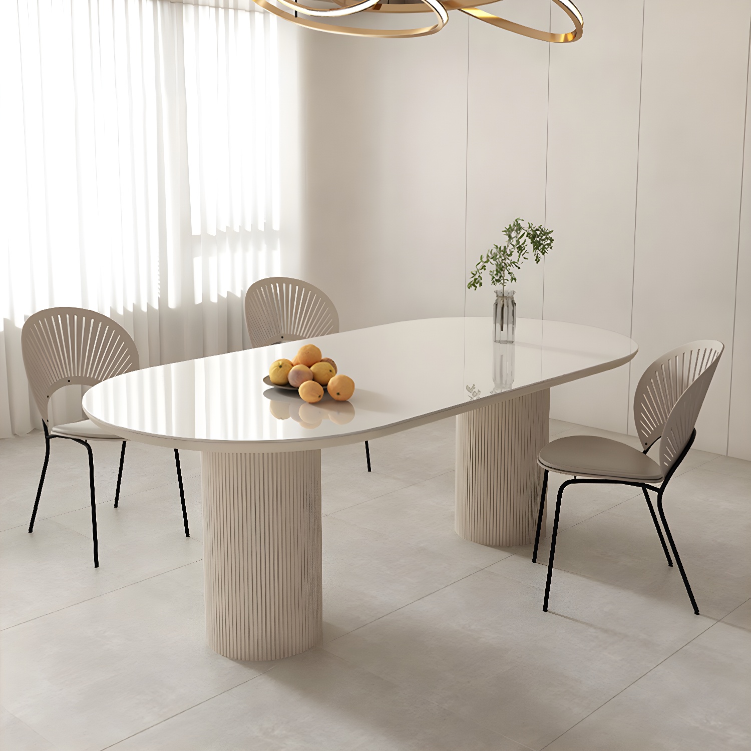 Modern White Stone Top Dining Table with Wood Double Pedestal Base - Standard Height