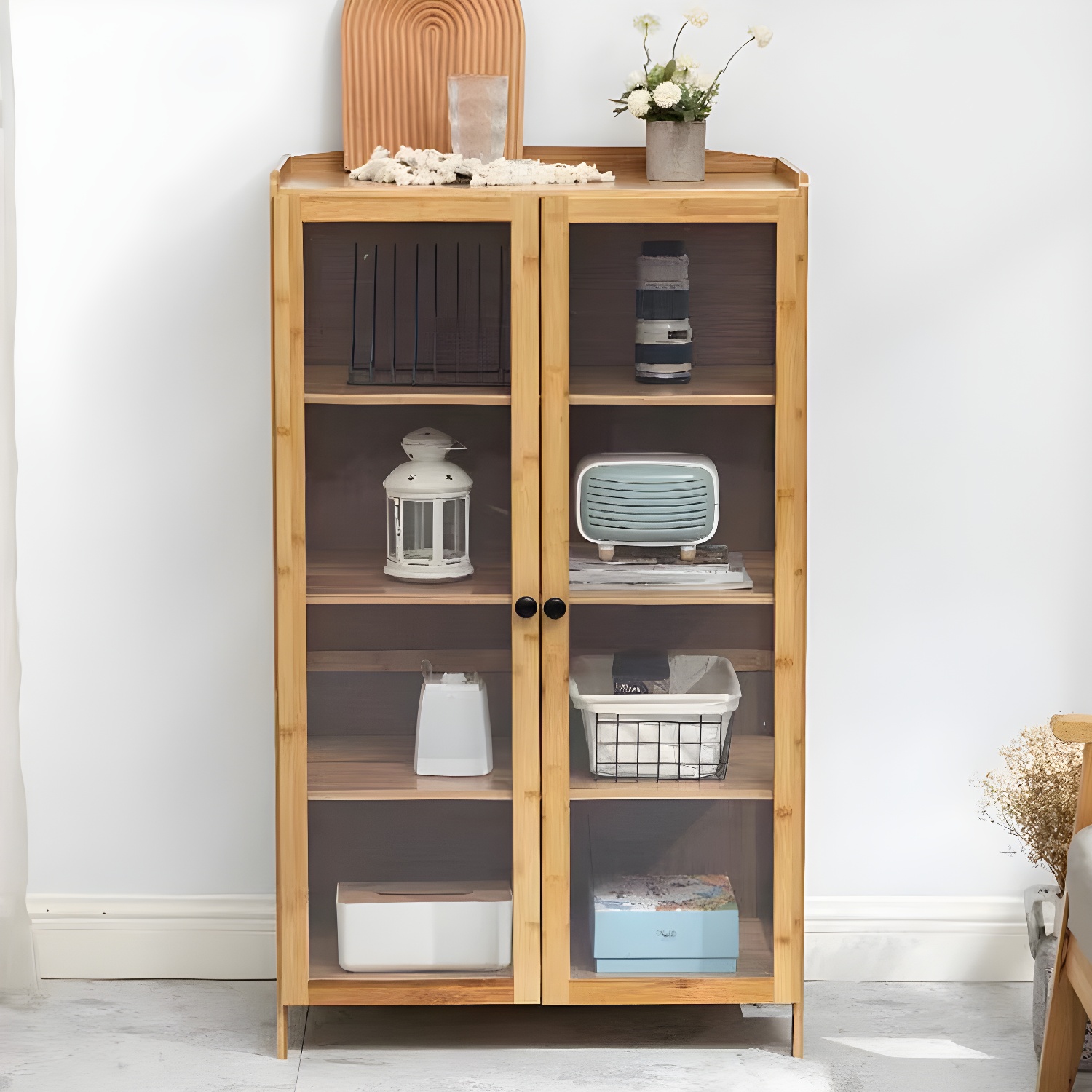 Modern Bamboo Display Stand with Wood Cabinets and No Glass Doors