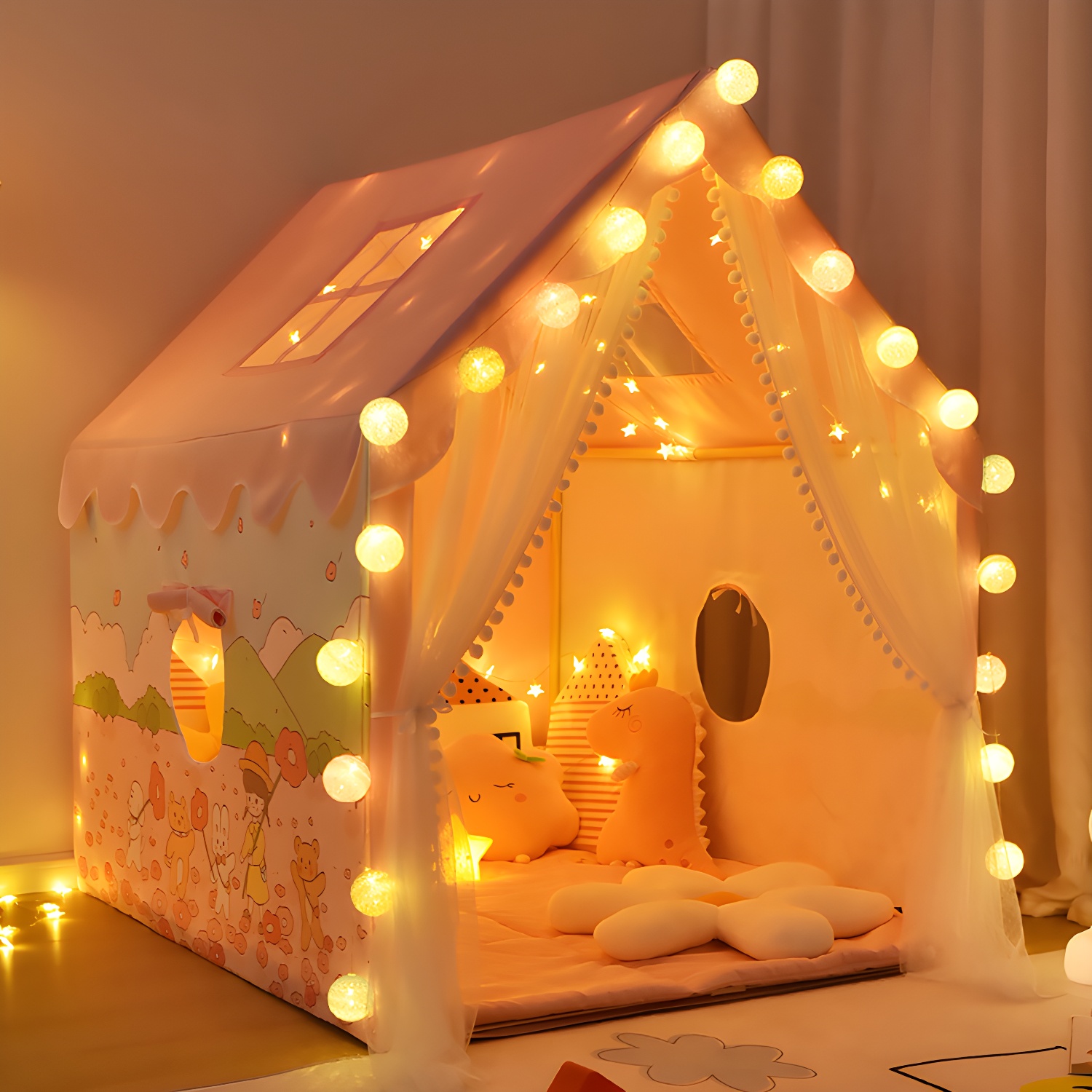 Modern Indoor Play Tent with Windows and Skylights in Pink/Blue