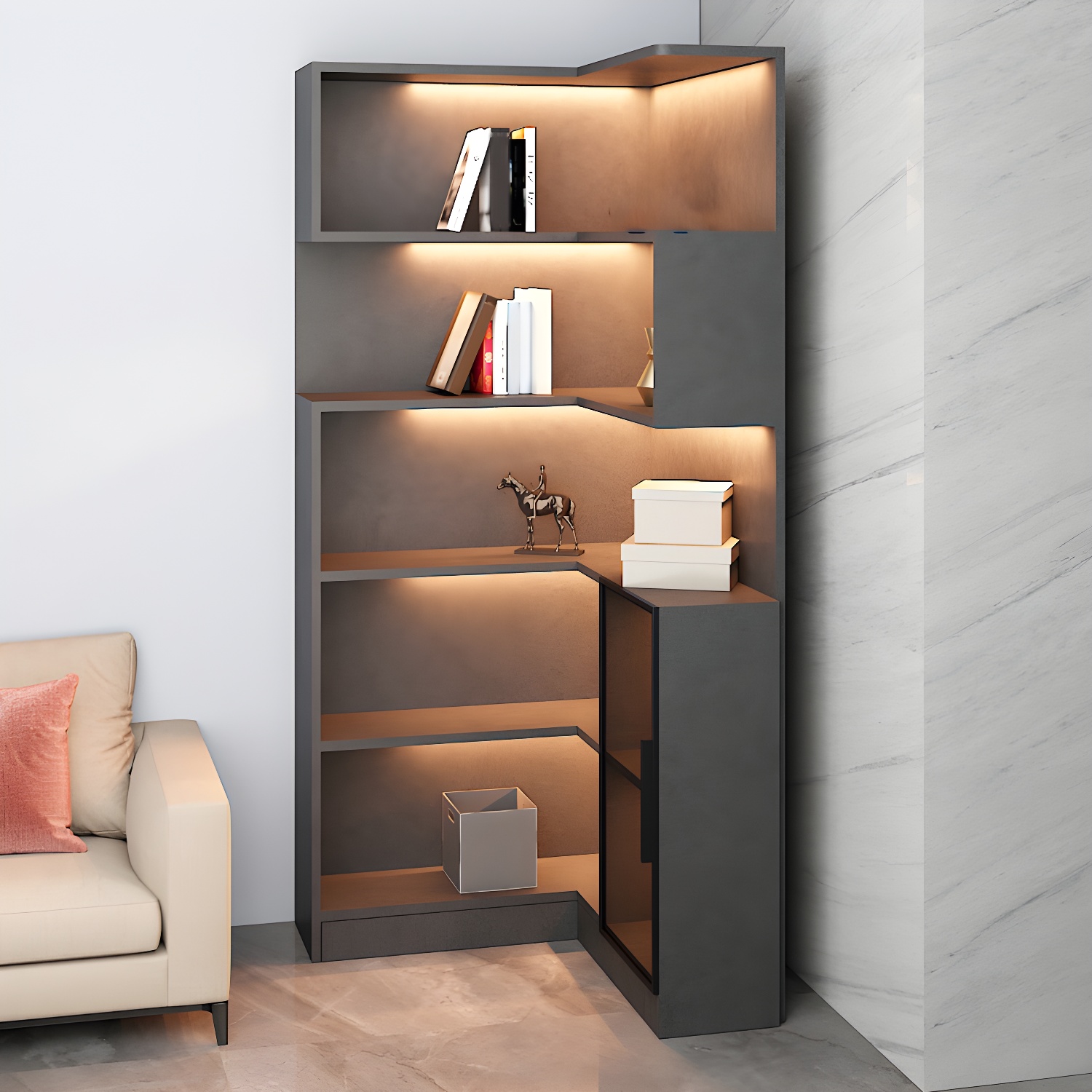 Gray Wood Modern Corner Unit Display Stand with Open Storage, Cabinet, and Glass Door