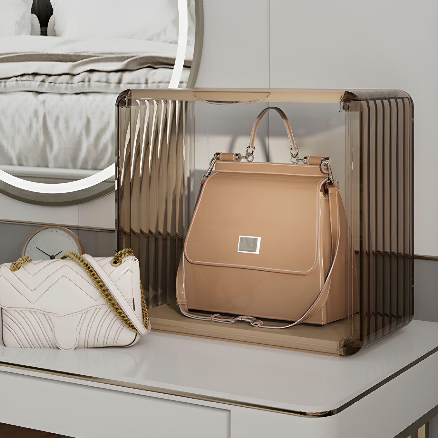 Modern Display Stand with Adjustable Shelving and Cabinet in Plastic & Acrylic Material