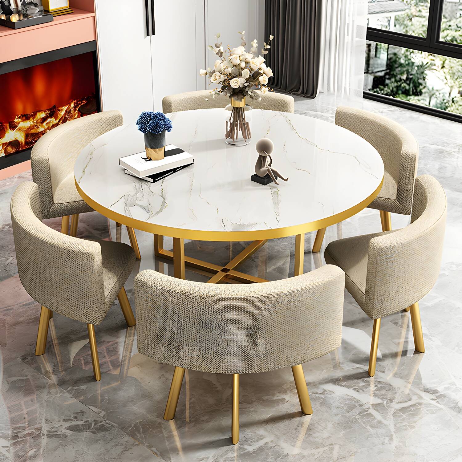 Modern 7-Piece Round Dining Set in White Wood with Metal Trestle Base and Upholstered Chairs