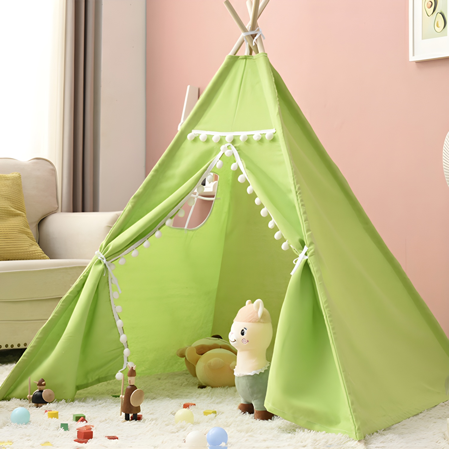 Scandinavian Fabric Triangular Play Tent with Window Tent Poles Included Multiple Colours
