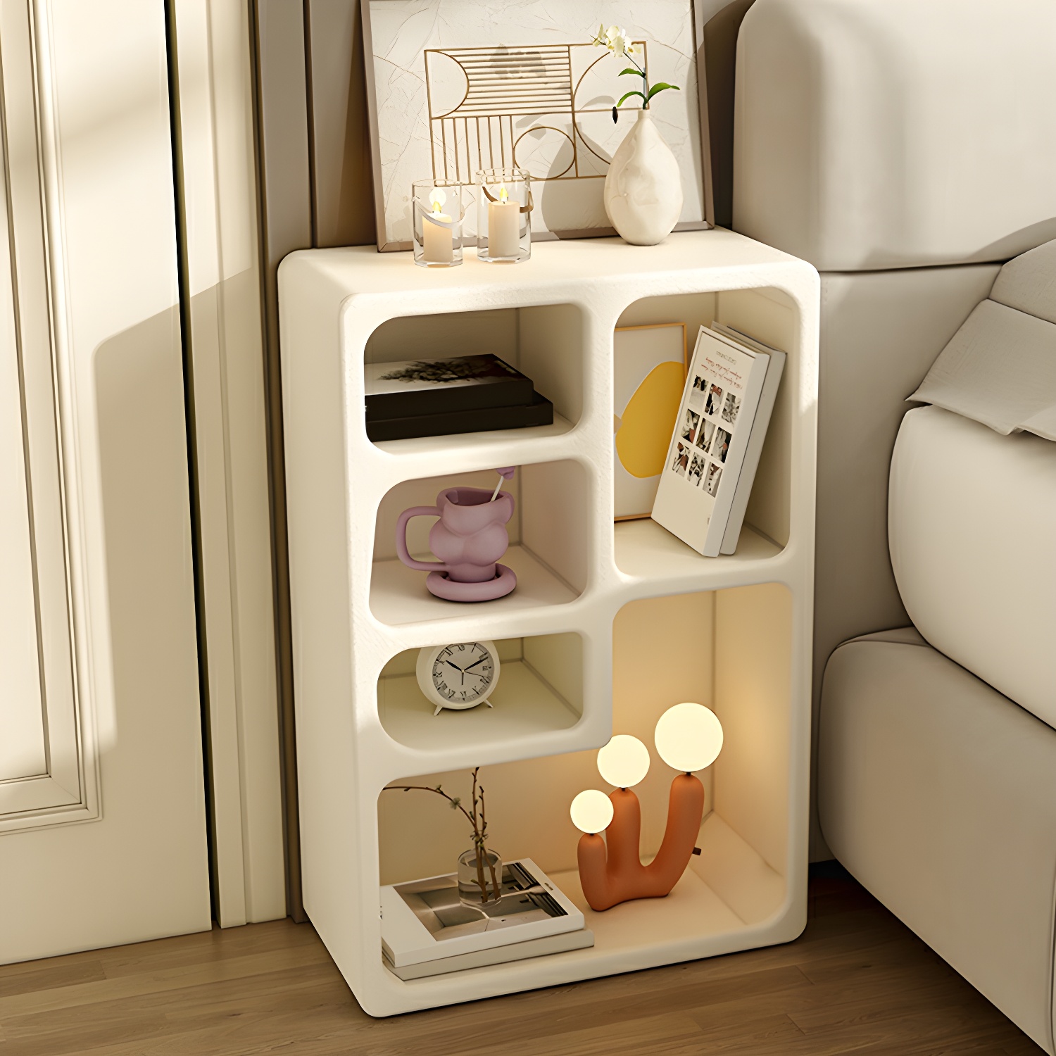 Modern White Nightstand with Open Storage and Shelf for Narrow Spaces