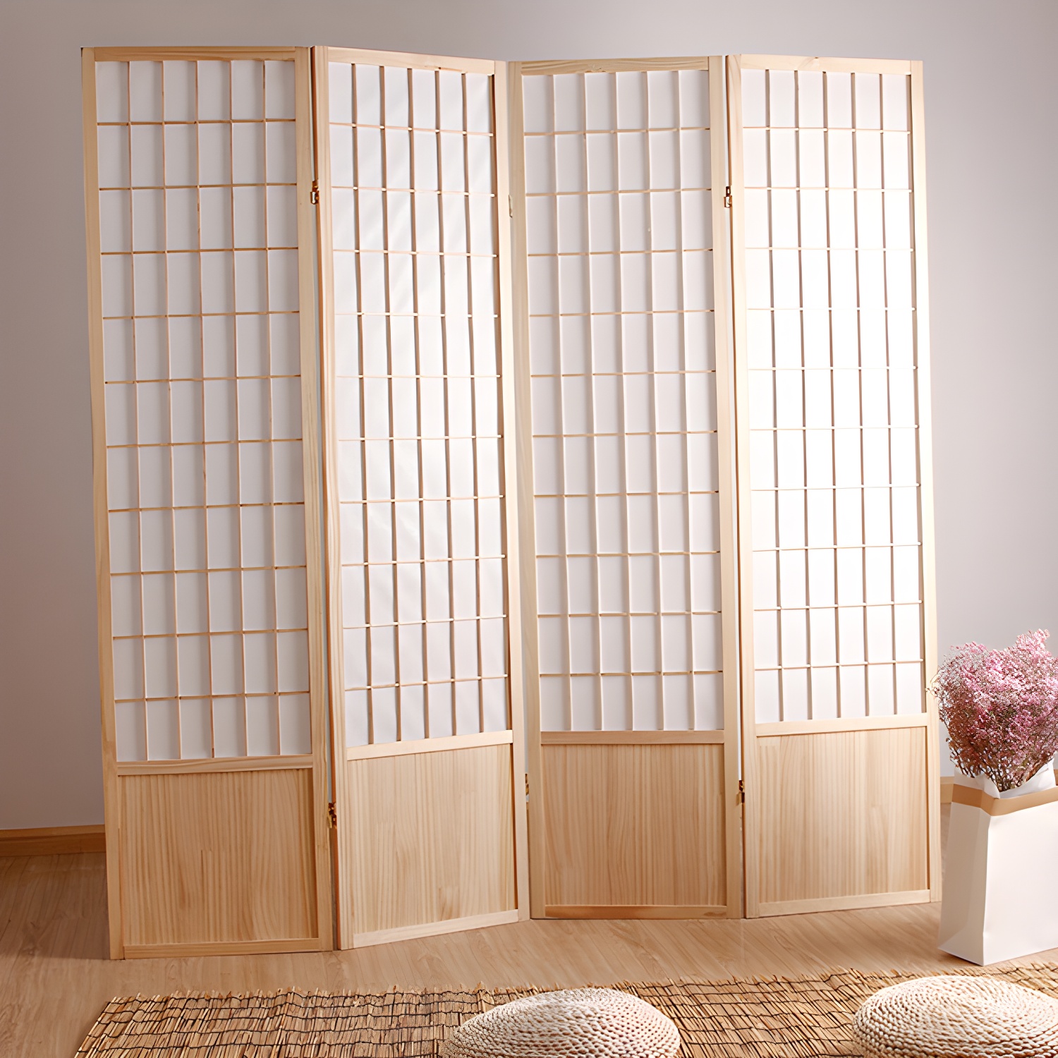 Scandinavian Single Panel Room Divider with Light Wood Tone and Pine Frame
