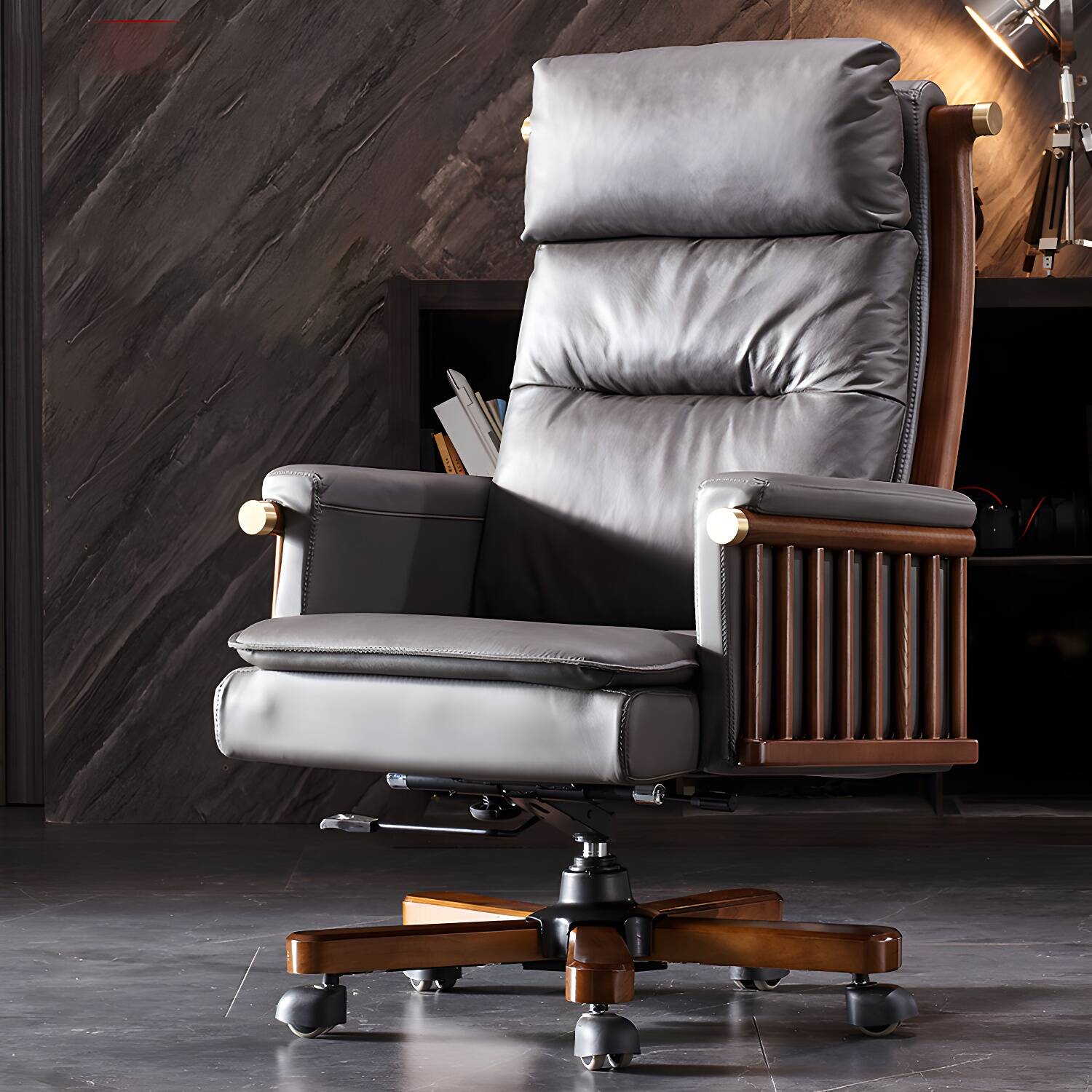 Swivel Modern Leather Bankers Chair with Adjustable Seat Height, Casters, and High-Back